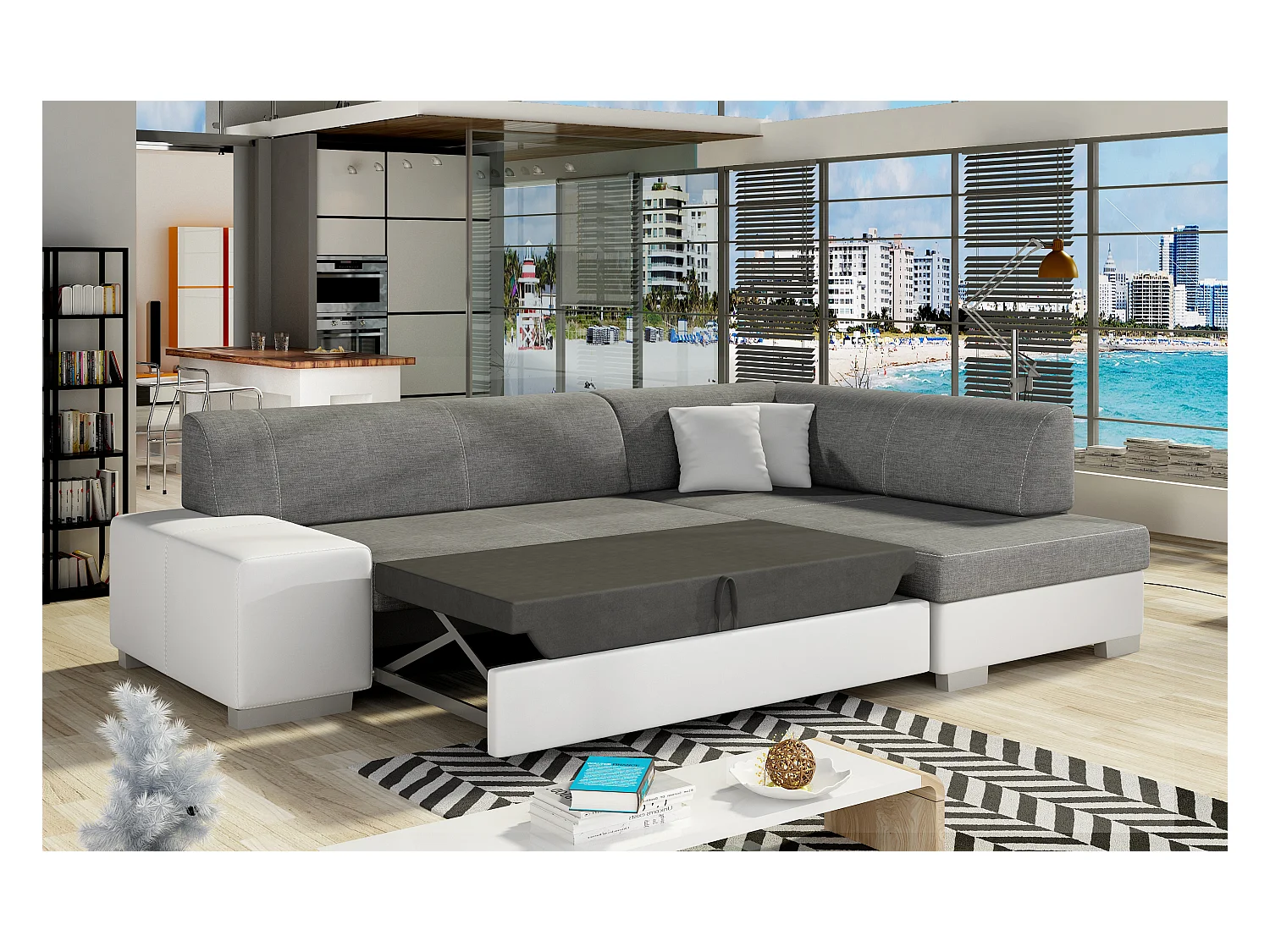 Canapé convertible angle droit simili cuir blanc et tissu gris Polky 272cm