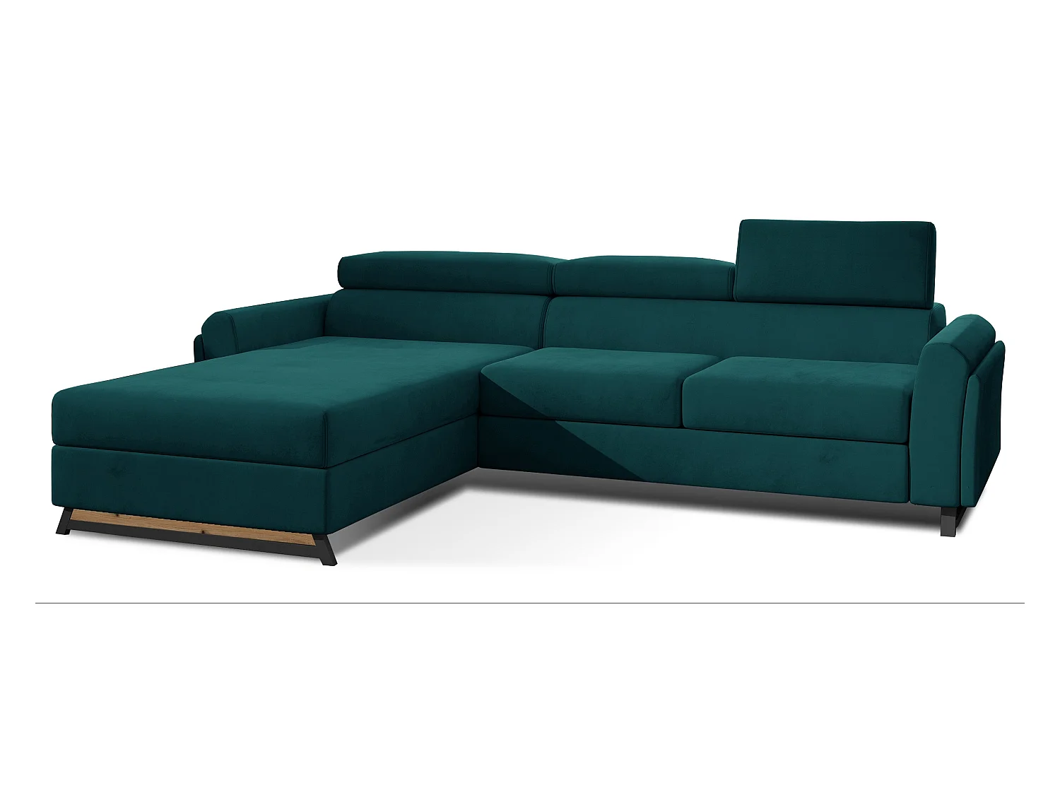 Canapé angle gauche convertible velours vert pin avec appuis-tête réglables Mazerali 300cm