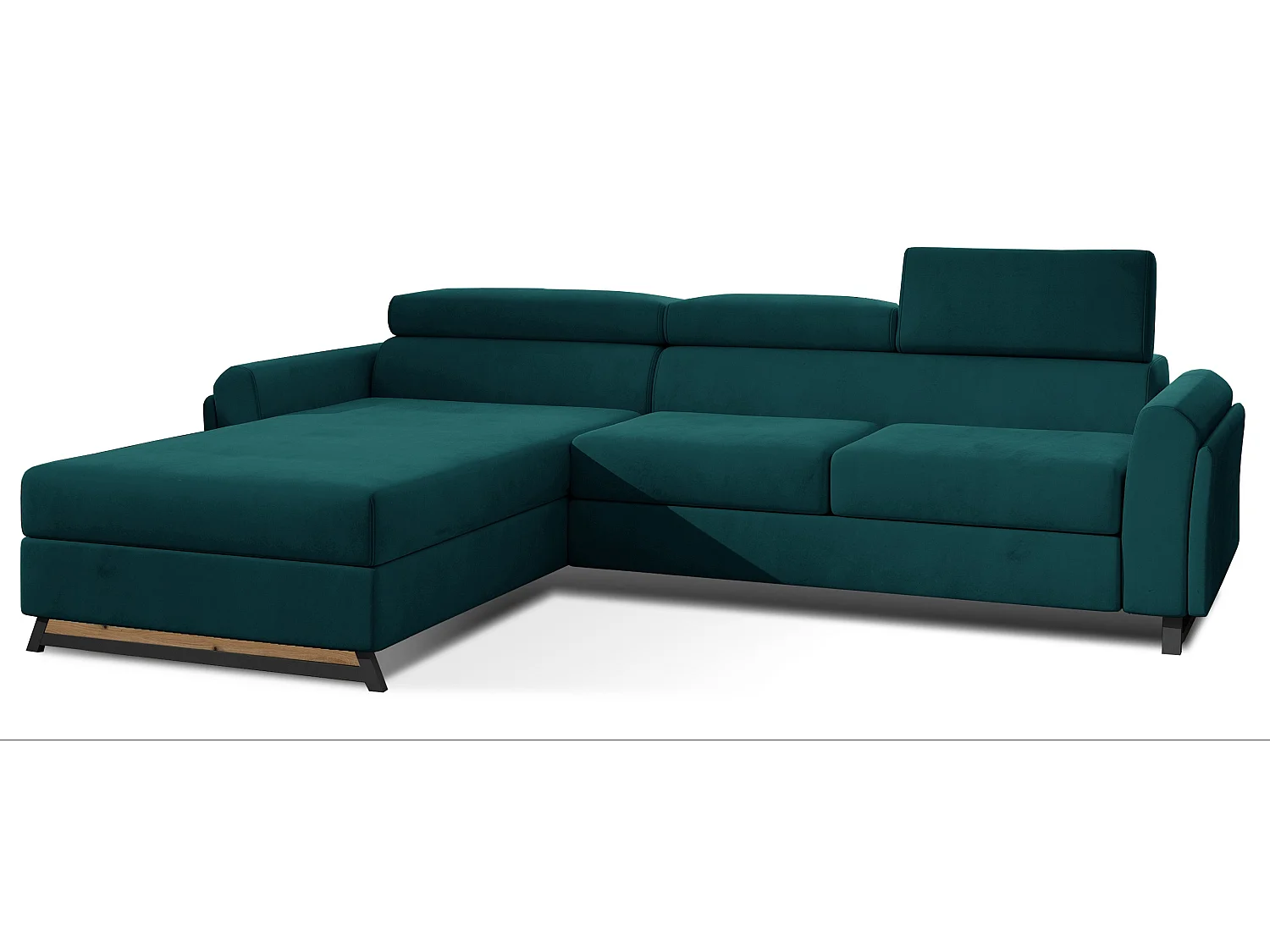 Canapé angle gauche convertible velours vert pin avec appuis-tête réglables Mazerali 300cm