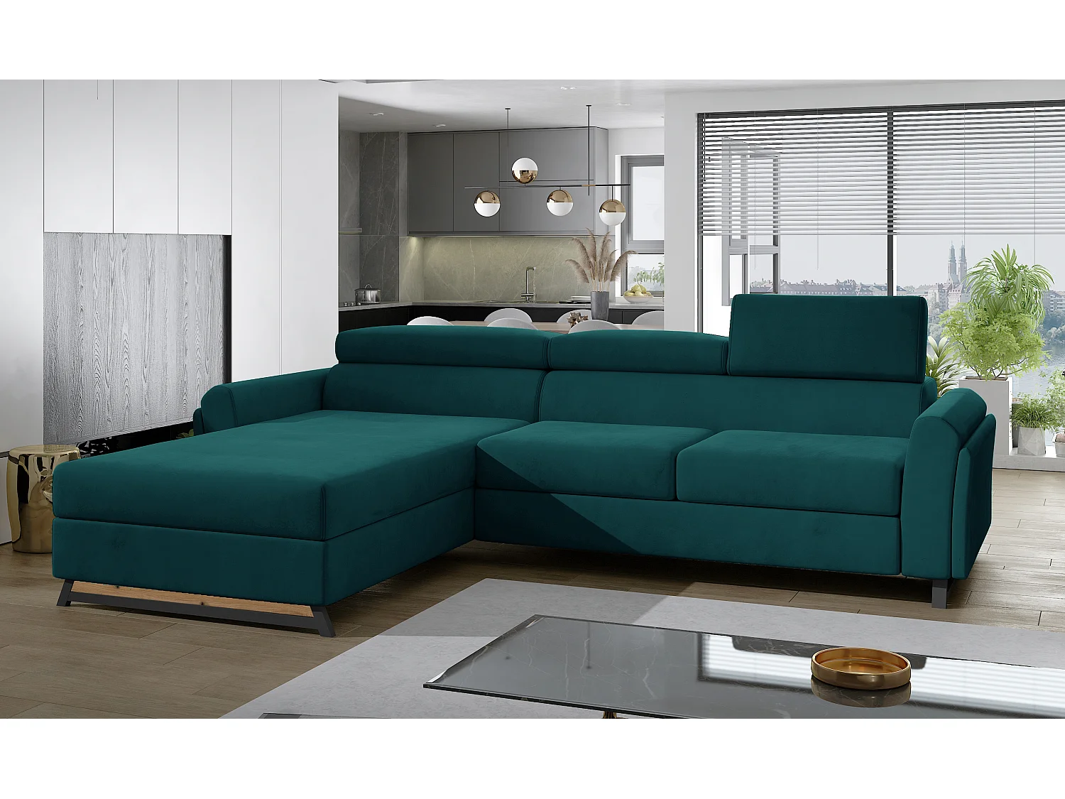 Canapé angle gauche convertible velours vert pin avec appuis-tête réglables Mazerali 300cm