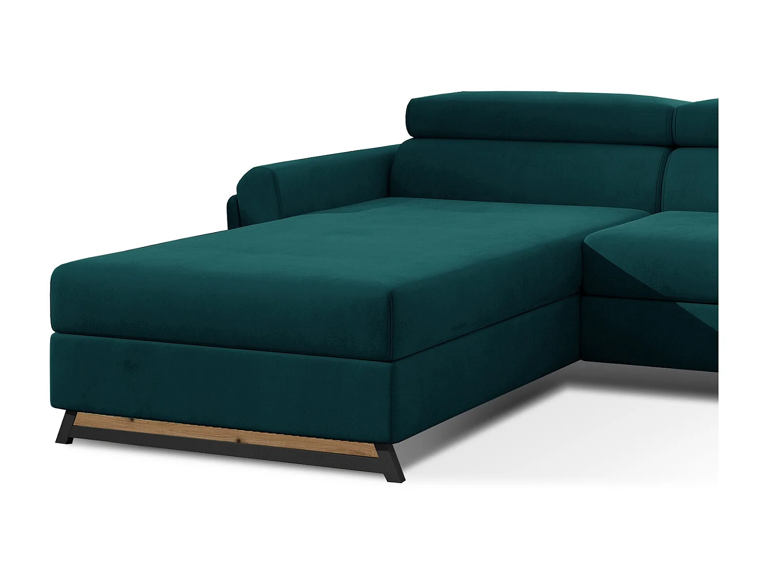 Canapé angle gauche convertible velours vert pin avec appuis-tête réglables Mazerali 300cm