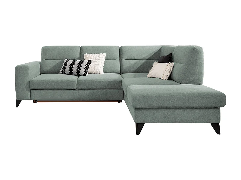 Canapé angle droit convertible tissu vert d'eau et pieds acier noir Kassidi 277cm