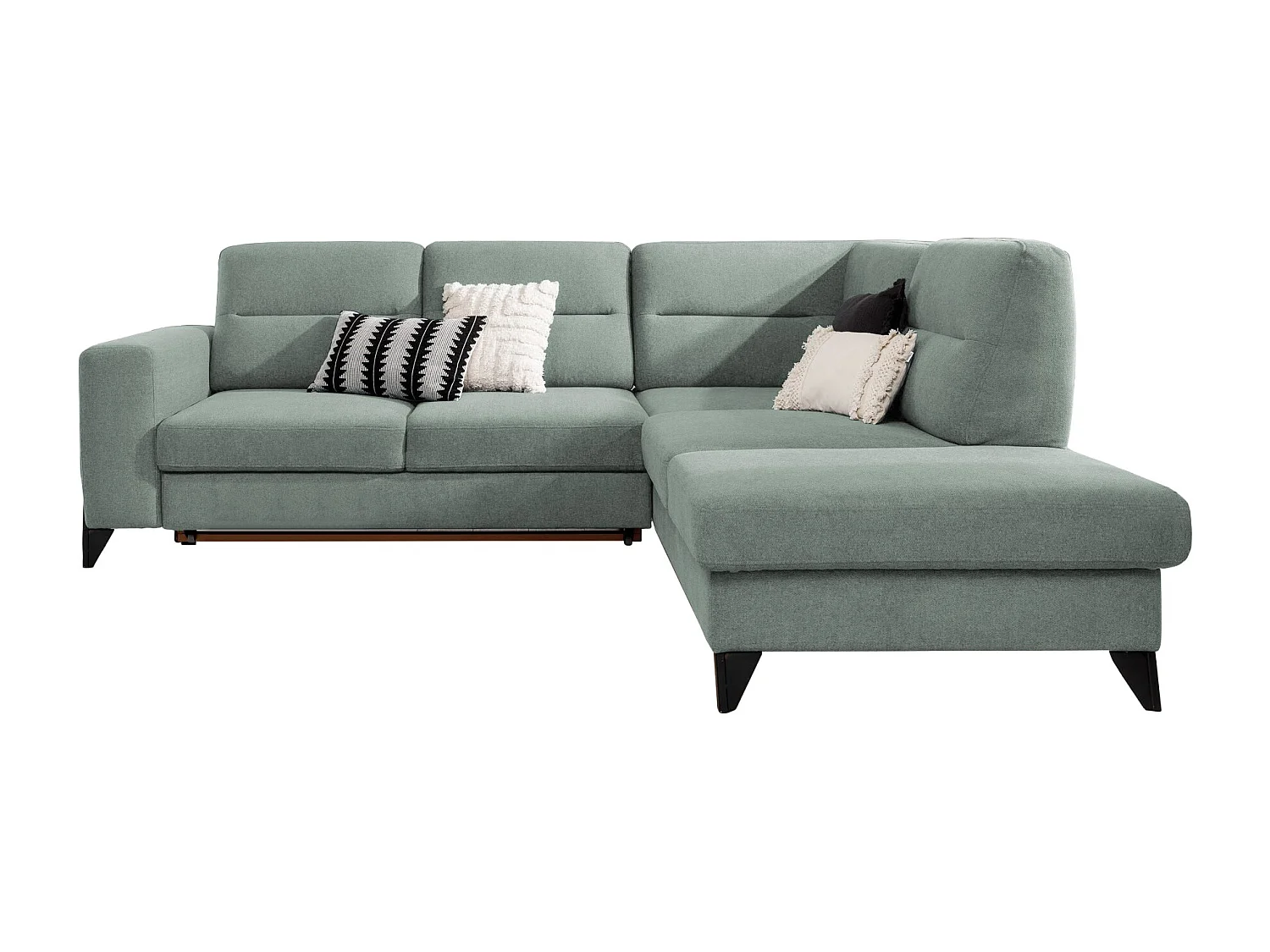 Canapé angle droit convertible tissu vert d'eau et pieds acier noir Kassidi 277cm