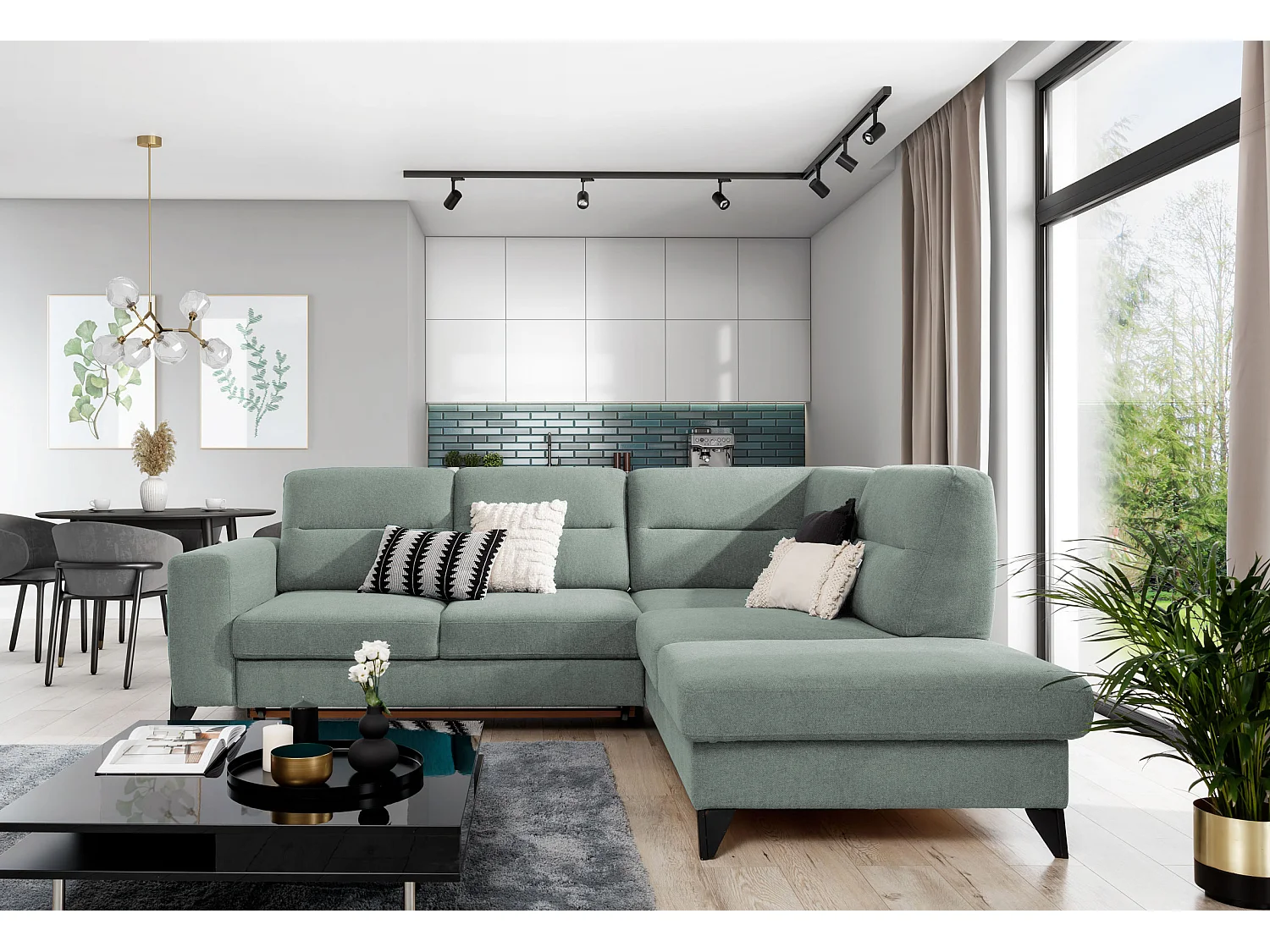 Canapé angle droit convertible tissu vert d'eau et pieds acier noir Kassidi 277cm