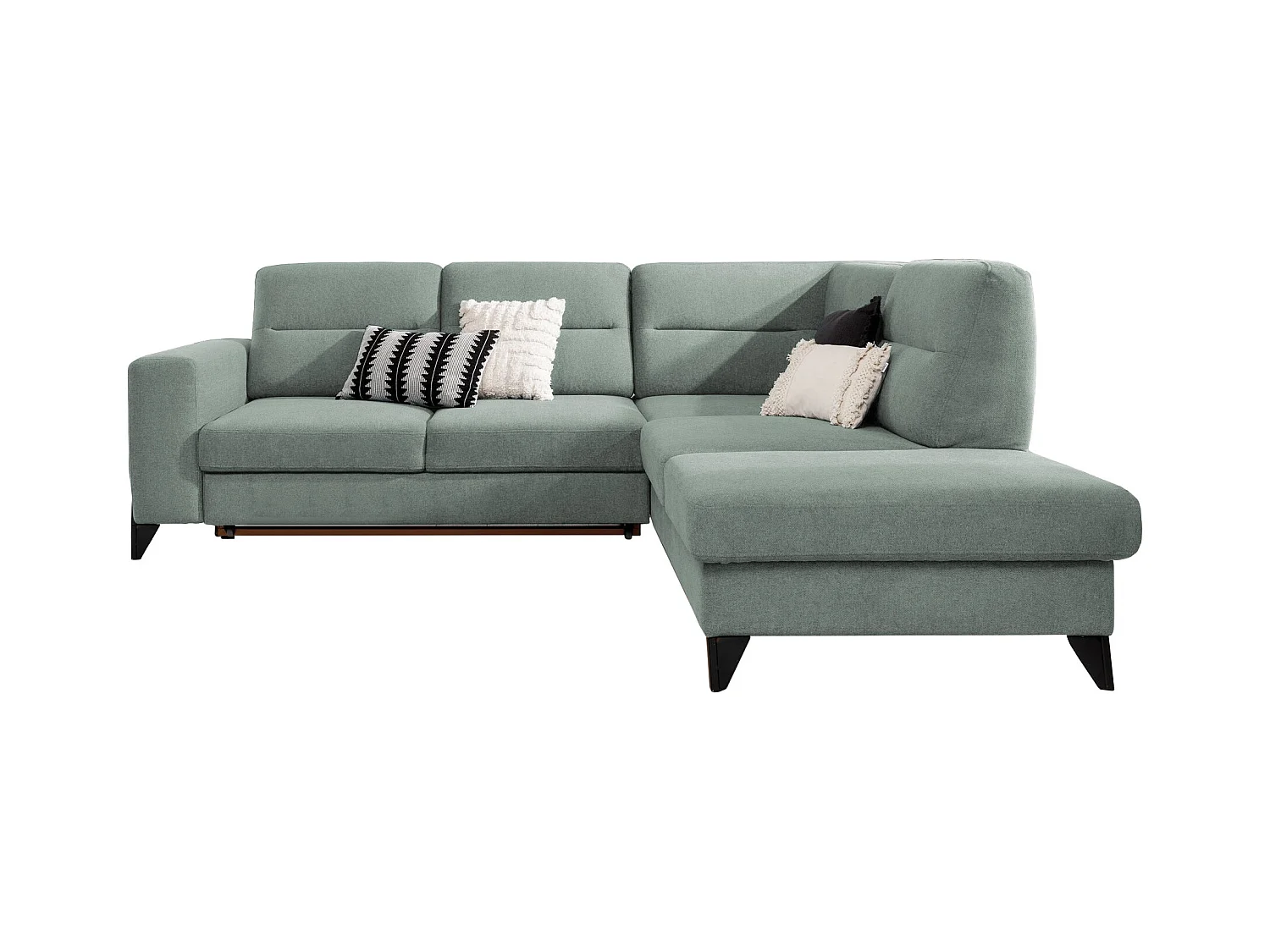 Canapé angle droit convertible tissu vert d'eau et pieds acier noir Kassidi 277cm