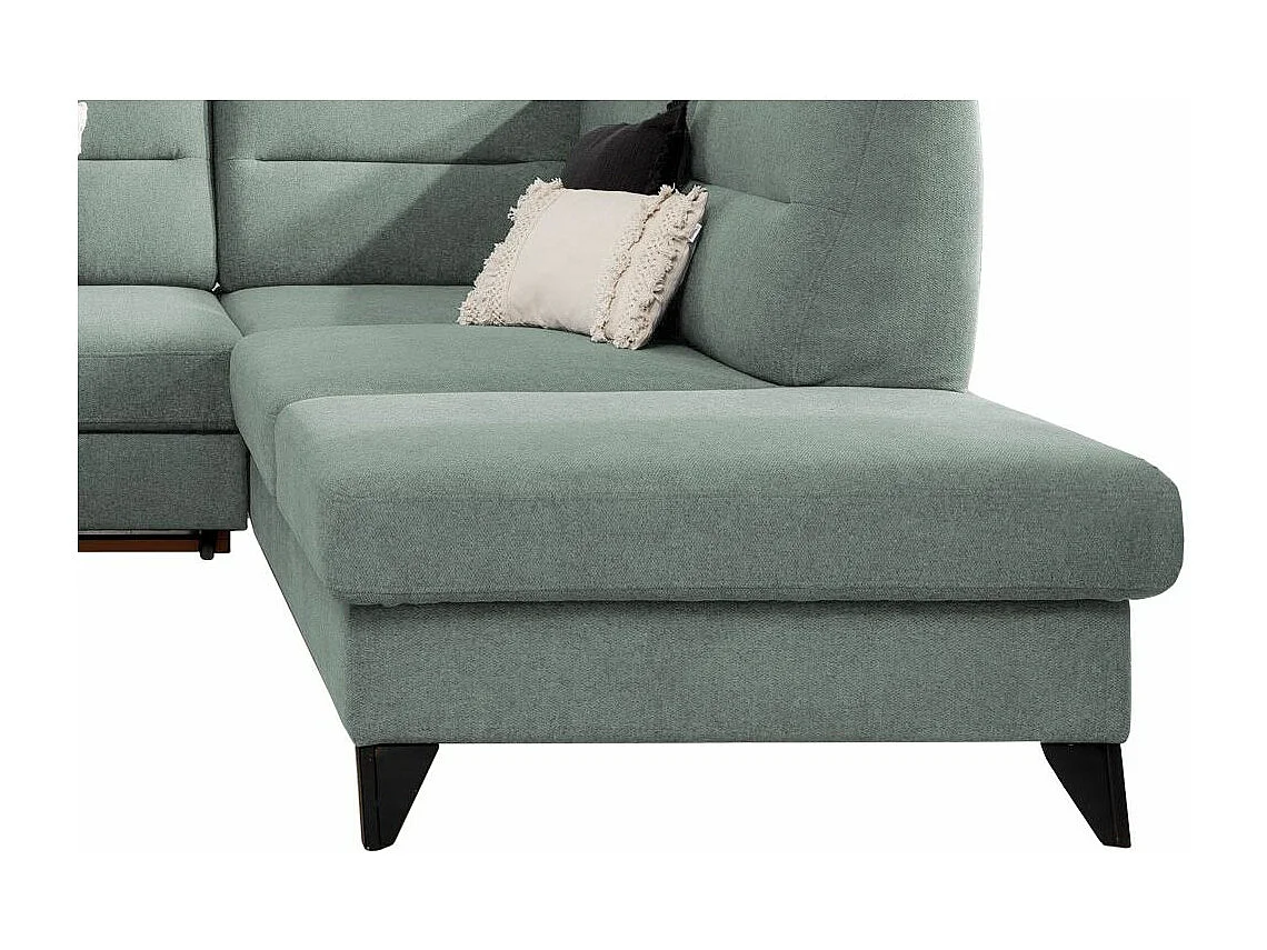 Canapé angle droit convertible tissu vert d'eau et pieds acier noir Kassidi 277cm