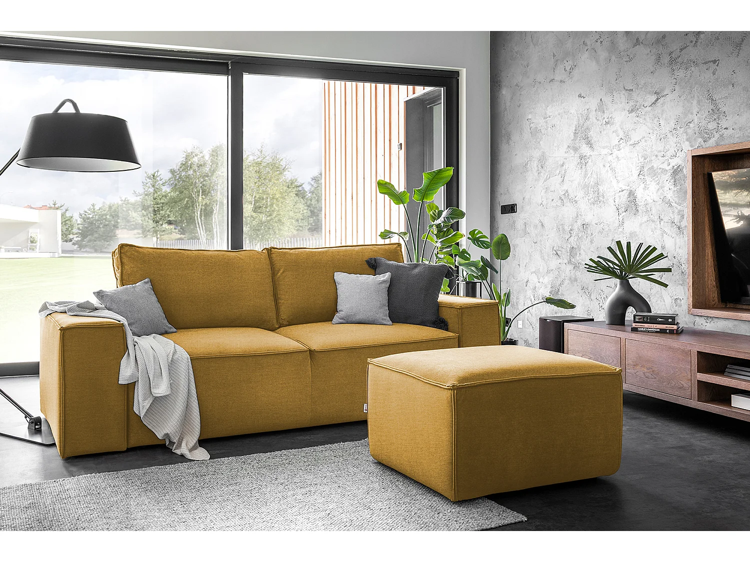 Grand canapé convertible en velours WILACE - Confort moderne et élégant-Jaune