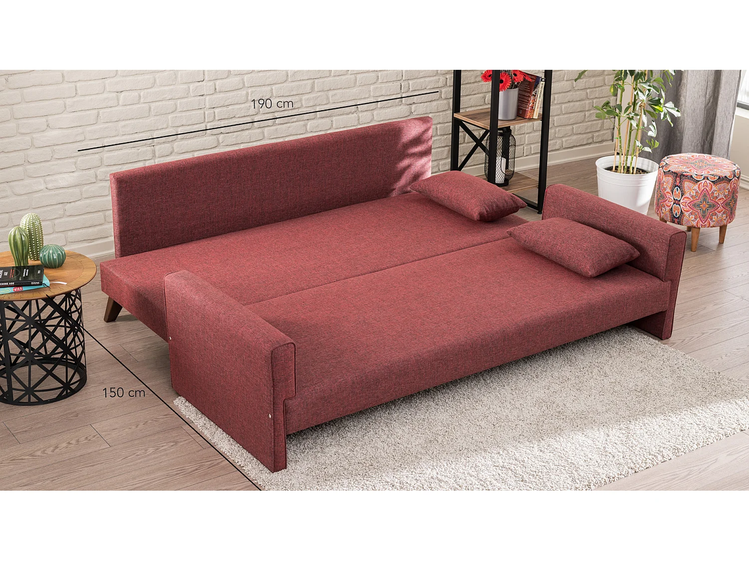 Canapé convertible 3 places tissu bordeaux Kandy 208cm