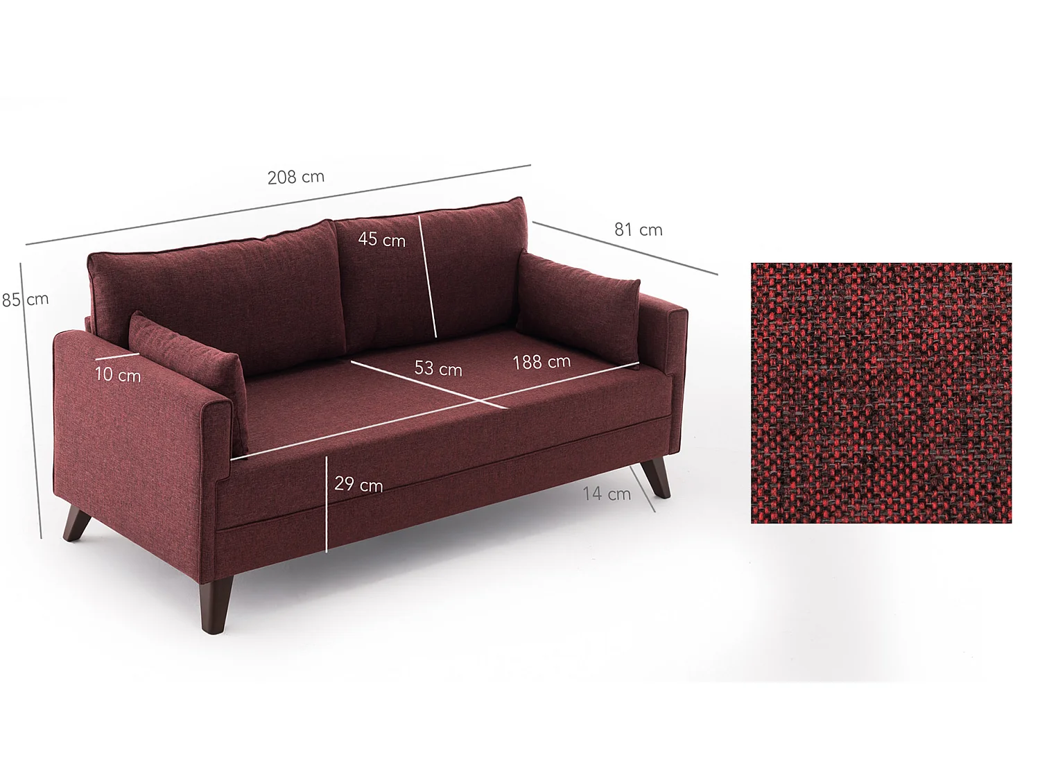 Canapé convertible 3 places tissu bordeaux Kandy 208cm
