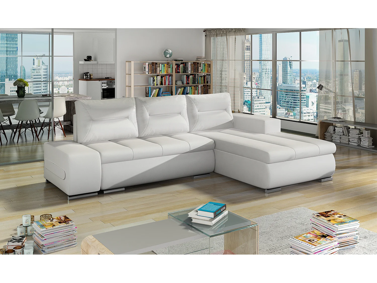 Canapé d'angle droit convertible simili cuir blanc Waker 275cm