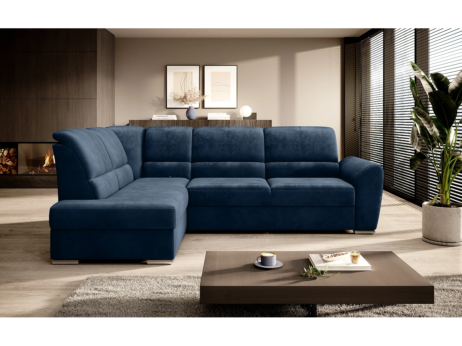 Canapé angle gauche convertible tissu doux bleu nuit et pieds acier chromé Zabor 270cm