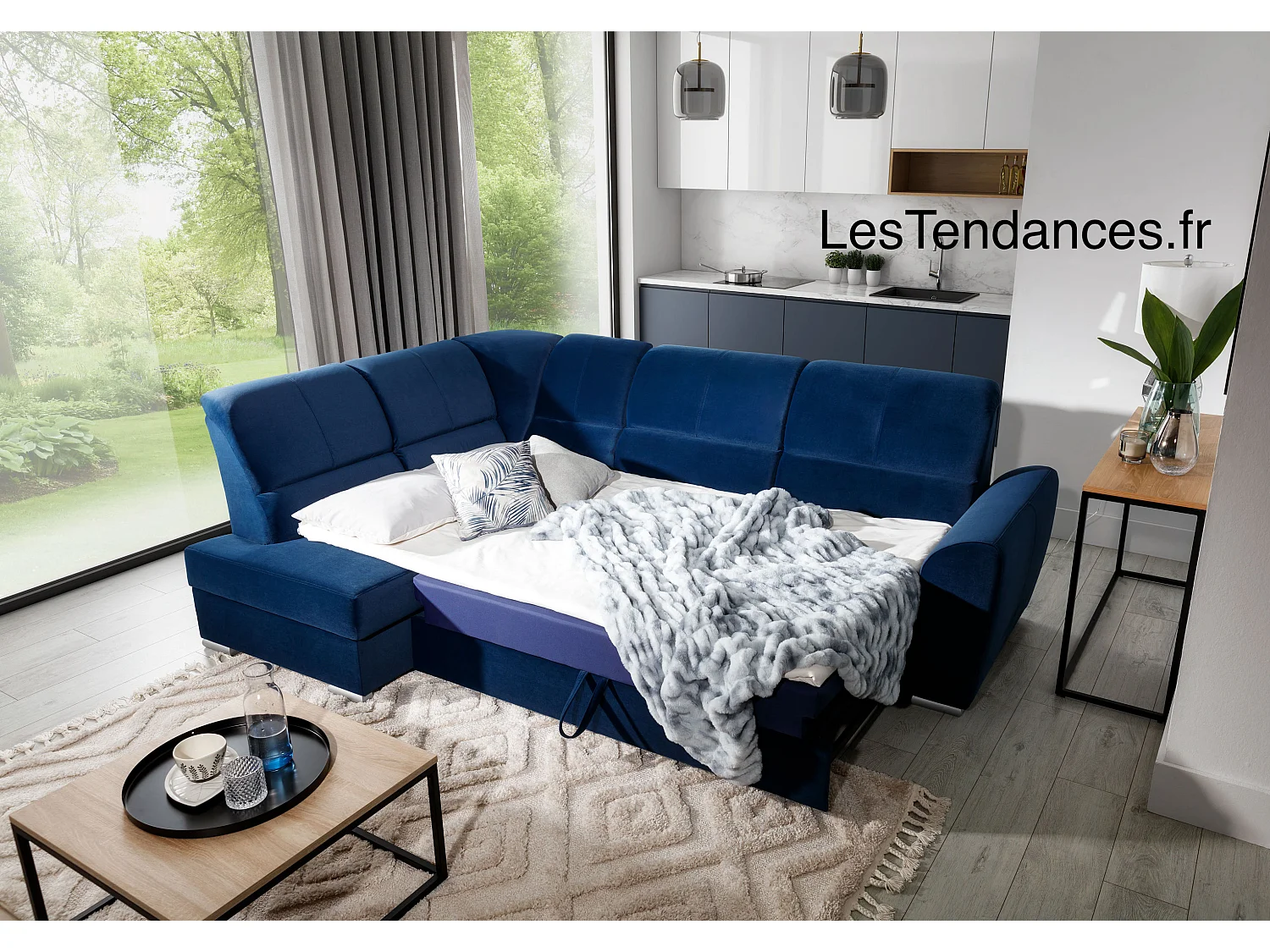 Canapé angle gauche convertible tissu doux bleu nuit et pieds acier chromé Zabor 270cm