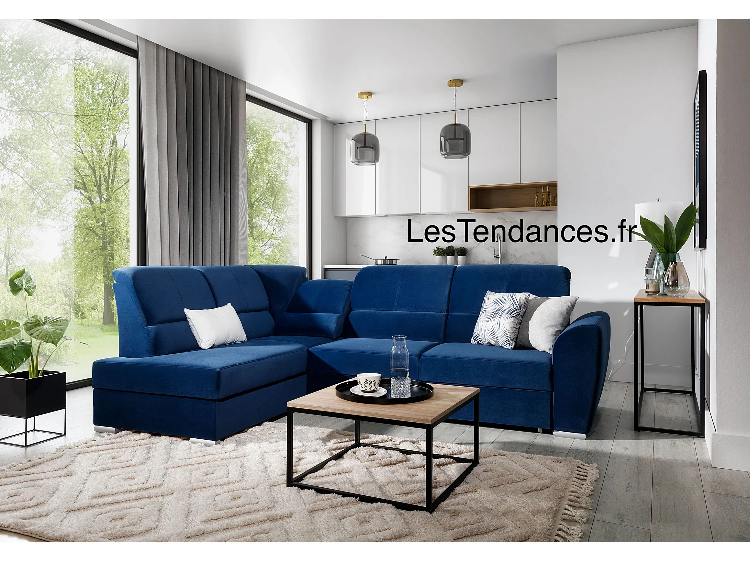 Canapé angle gauche convertible tissu doux bleu nuit et pieds acier chromé Zabor 270cm