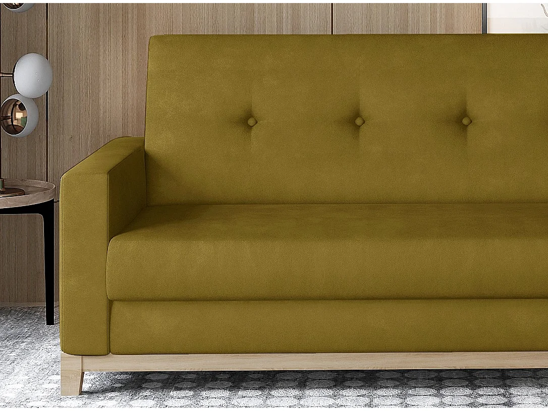 Canapé lit 3 places velours moutarde et pieds en bois de hêtre Saline 216cm