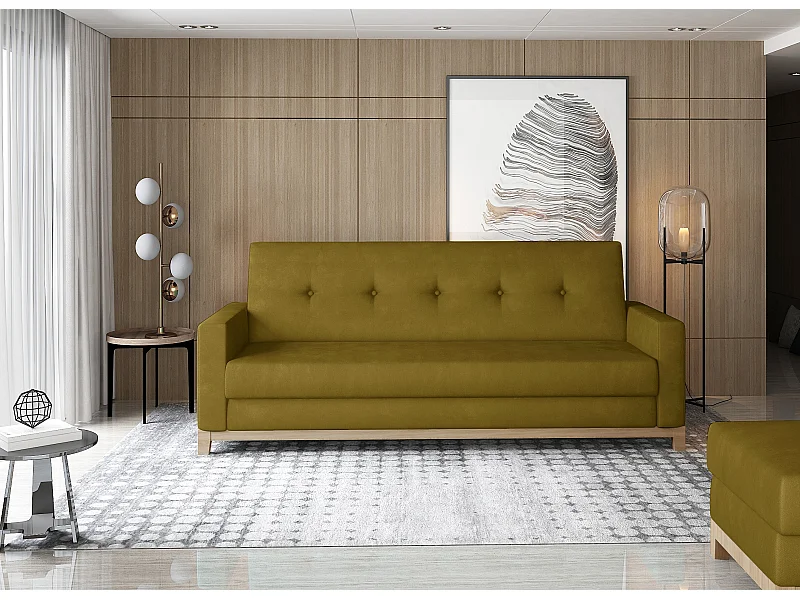 3-zits slaapbank mosterdfluweel en beukenhouten poten Saline 216 cm