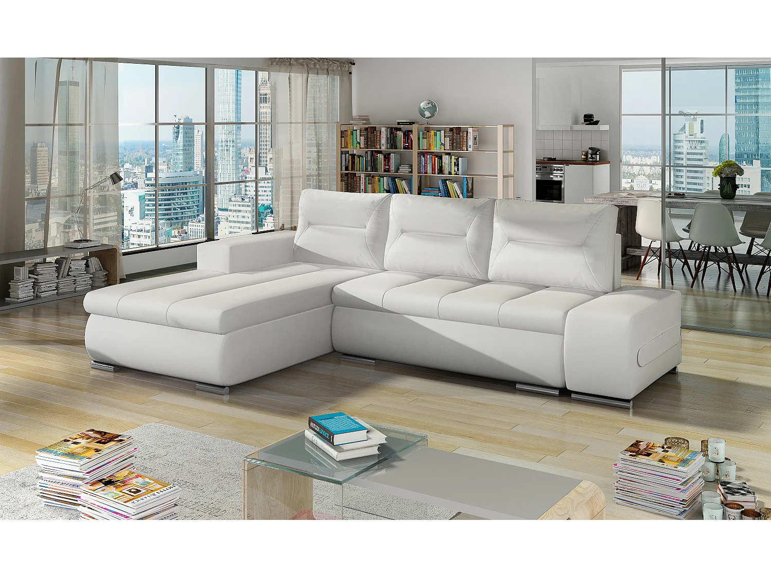 Canapé d'angle gauche convertible simili cuir blanc Waker 275cm