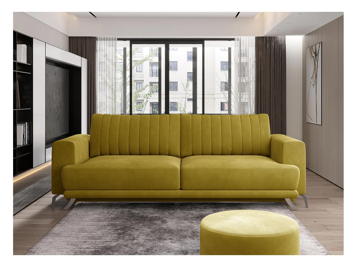 Canapé convertible design 3-4 places velours jaune moutarde et pieds acier chromé Eliza 250cm
