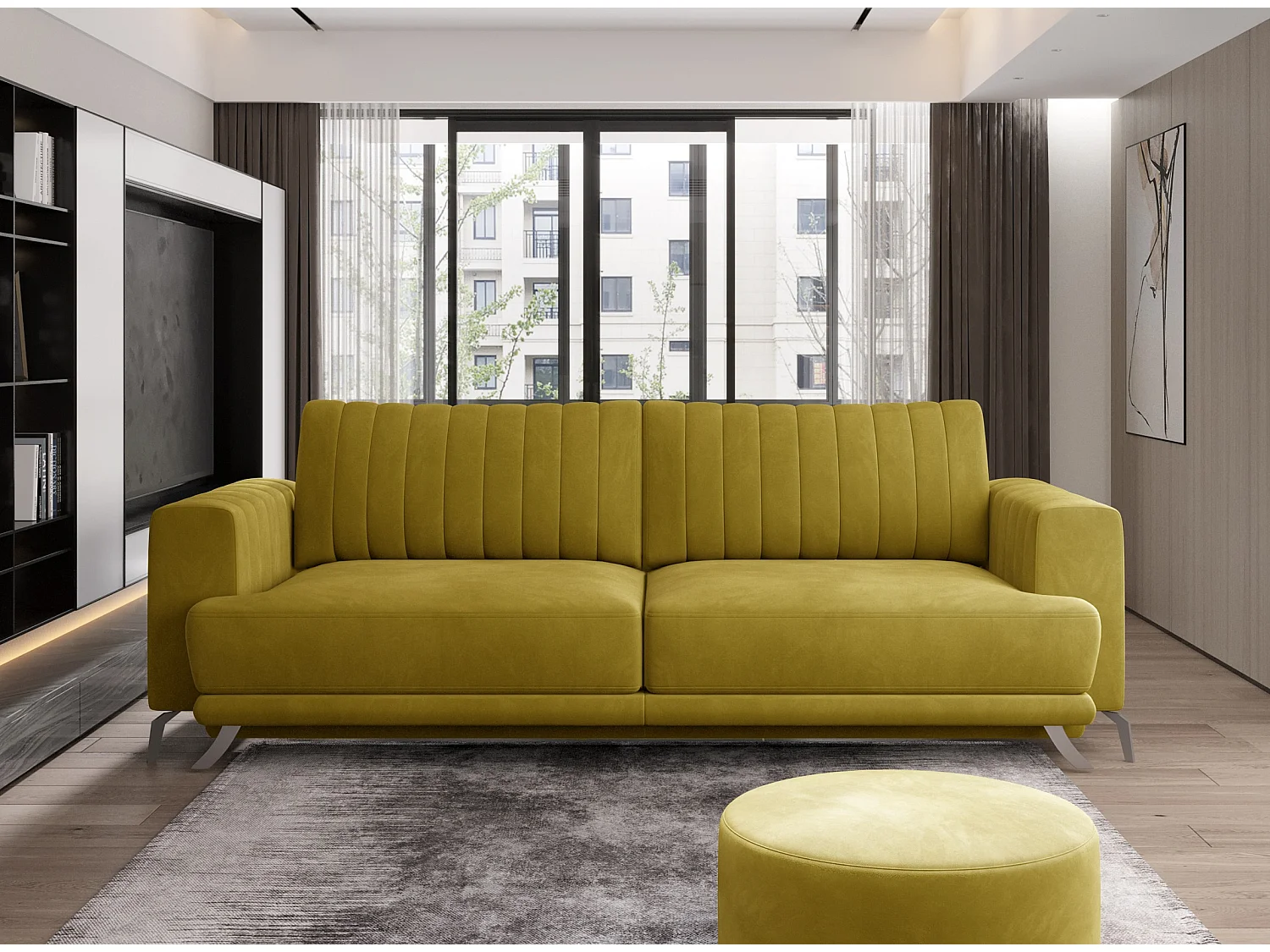 Canapé convertible design 3-4 places velours jaune moutarde et pieds acier chromé Eliza 250cm