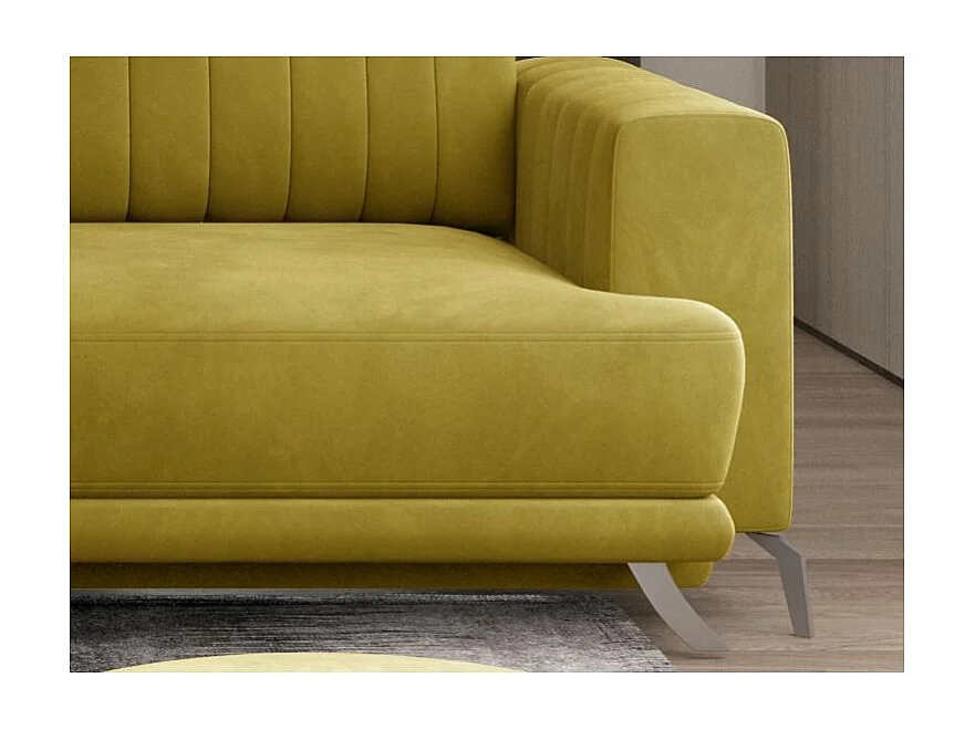 Canapé convertible design 3-4 places velours jaune moutarde et pieds acier chromé Eliza 250cm