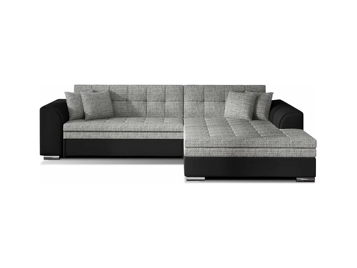 Canapé d'angle convertible tissu et simili LOOKA - Pieds métal chromé-Noir/Gris chiné-angle droit