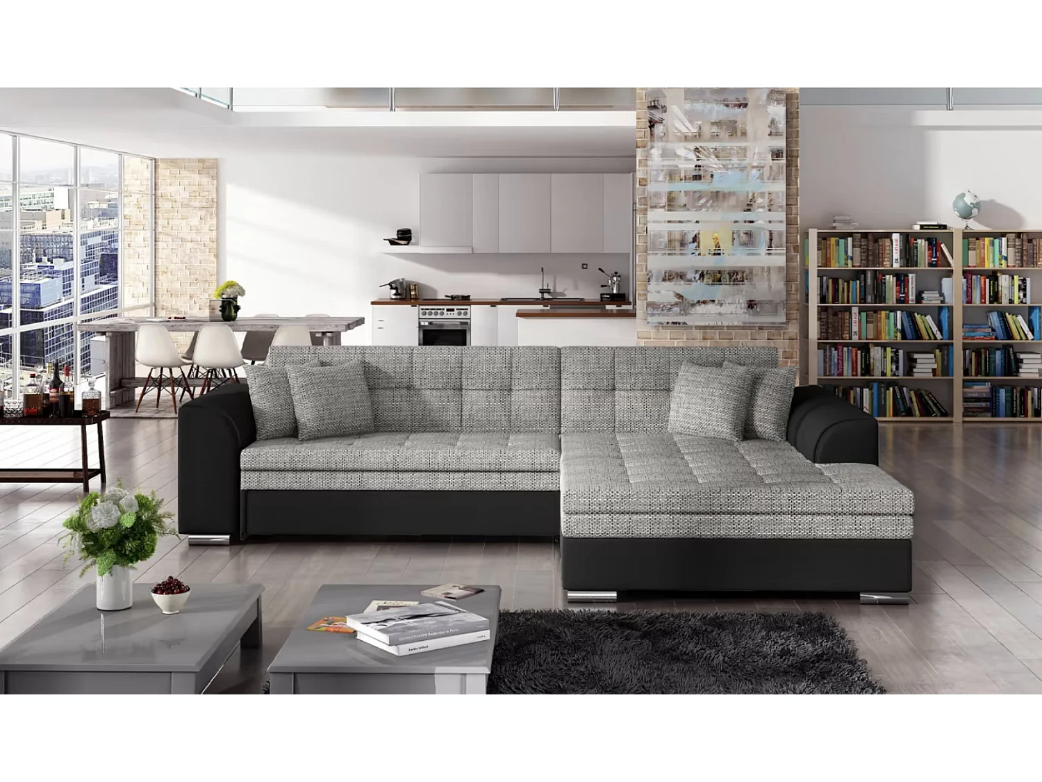 Canapé d'angle convertible tissu et simili LOOKA - Pieds métal chromé-Noir/Gris chiné-angle droit