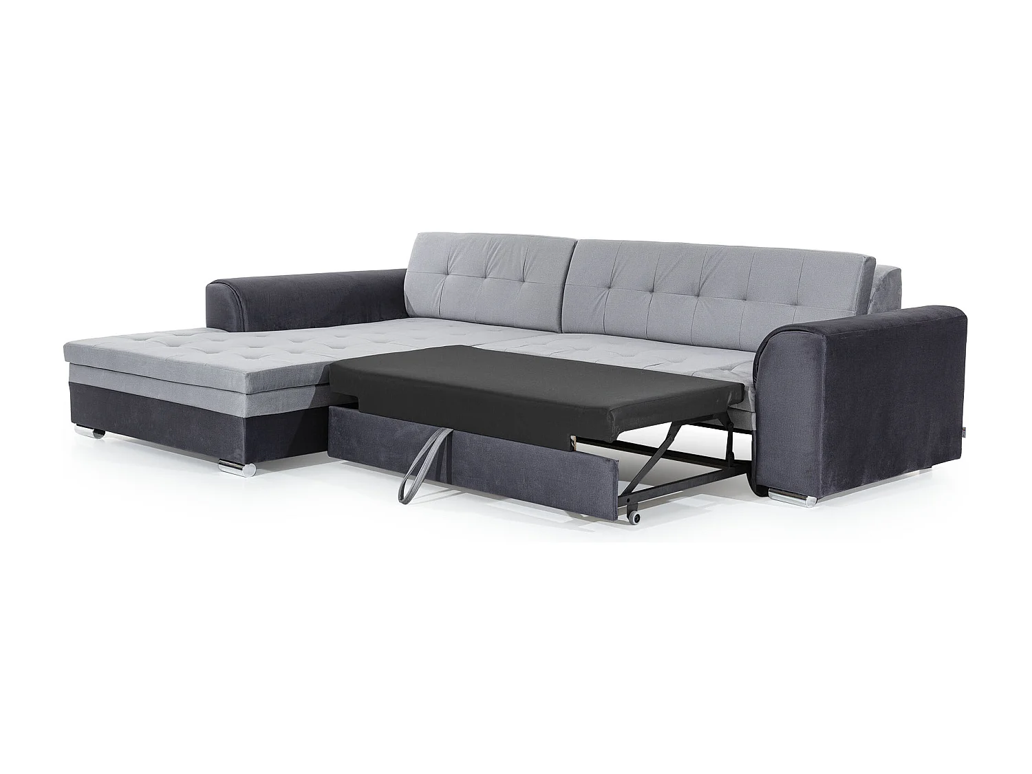 Canapé d'angle convertible tissu et simili LOOKA - Pieds métal chromé-Noir/Gris chiné-angle droit