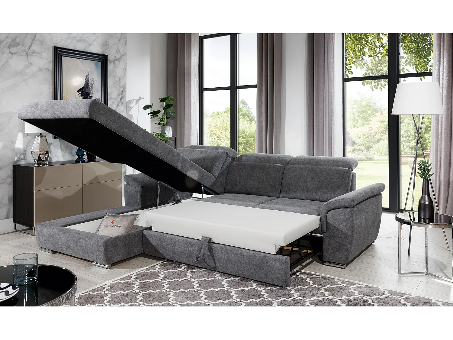 Canapé convertible d'angle gauche velours marron têtières réglables Suzy 272cm