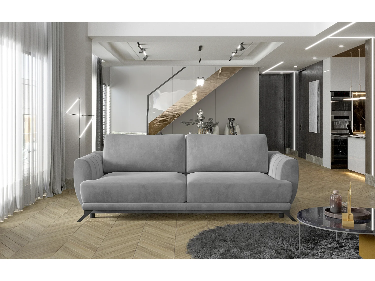 Canapé convertible 3-4 places velours gris et pieds métal noir Zora 250cm