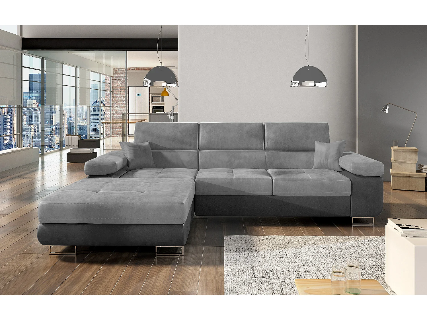 Canapé convertible d'angle gauche velours gris clair et gris anthracite avec rangement Wile 280cm