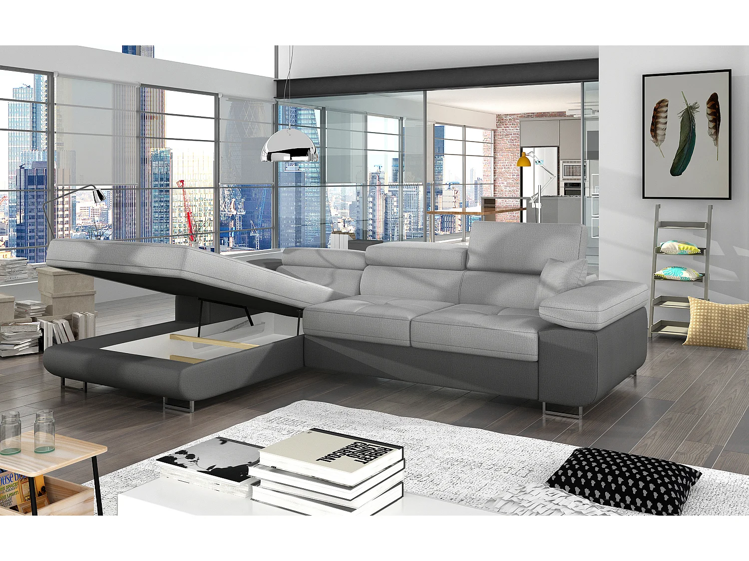 Canapé d'angle convertible velours appuis-tête réglables KALIZO - Coffre et pieds acier chromé-Gris foncé/Gris-angle gauche