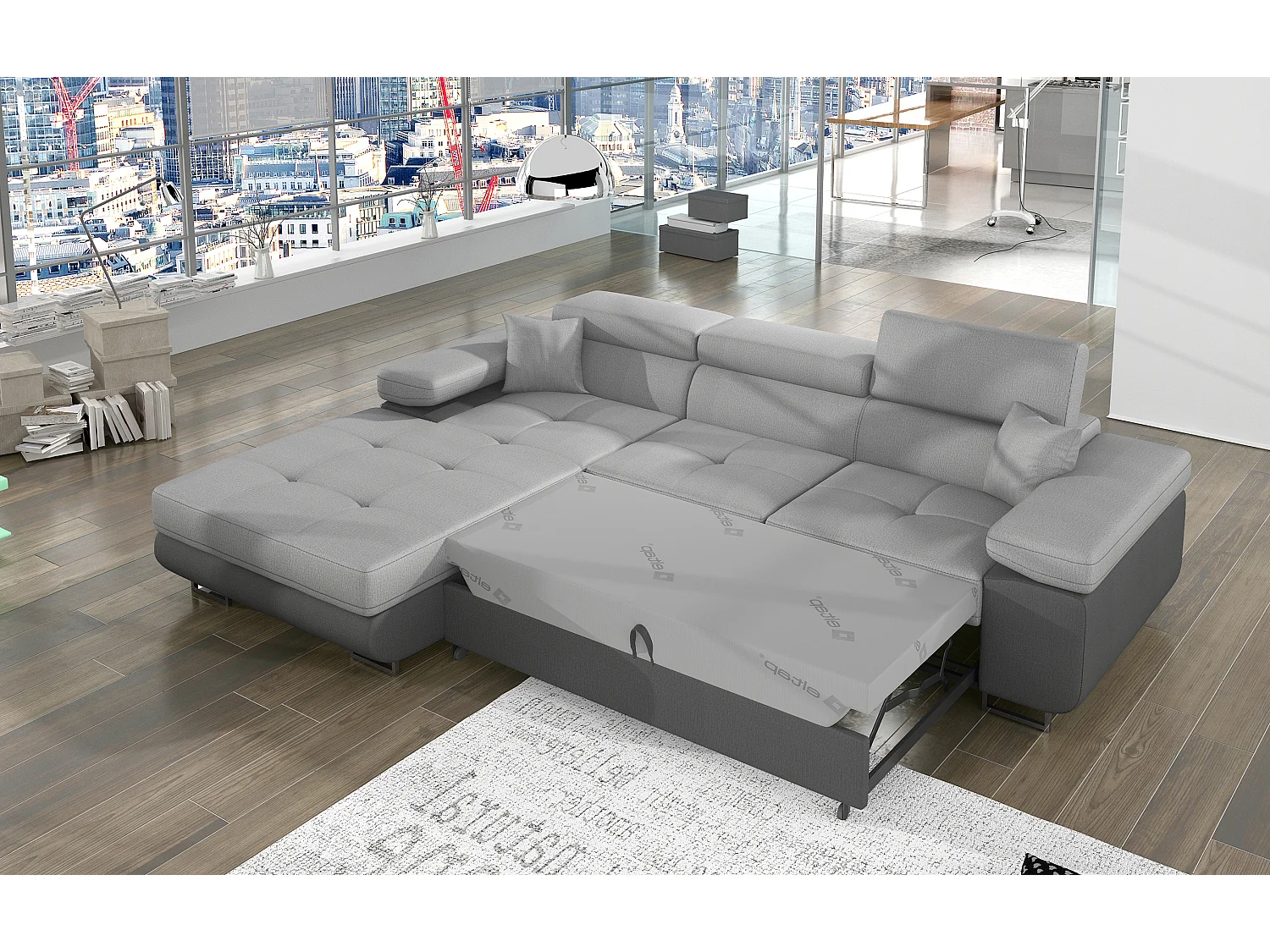 Canapé d'angle convertible velours appuis-tête réglables KALIZO - Coffre et pieds acier chromé-Gris foncé/Gris-angle gauche