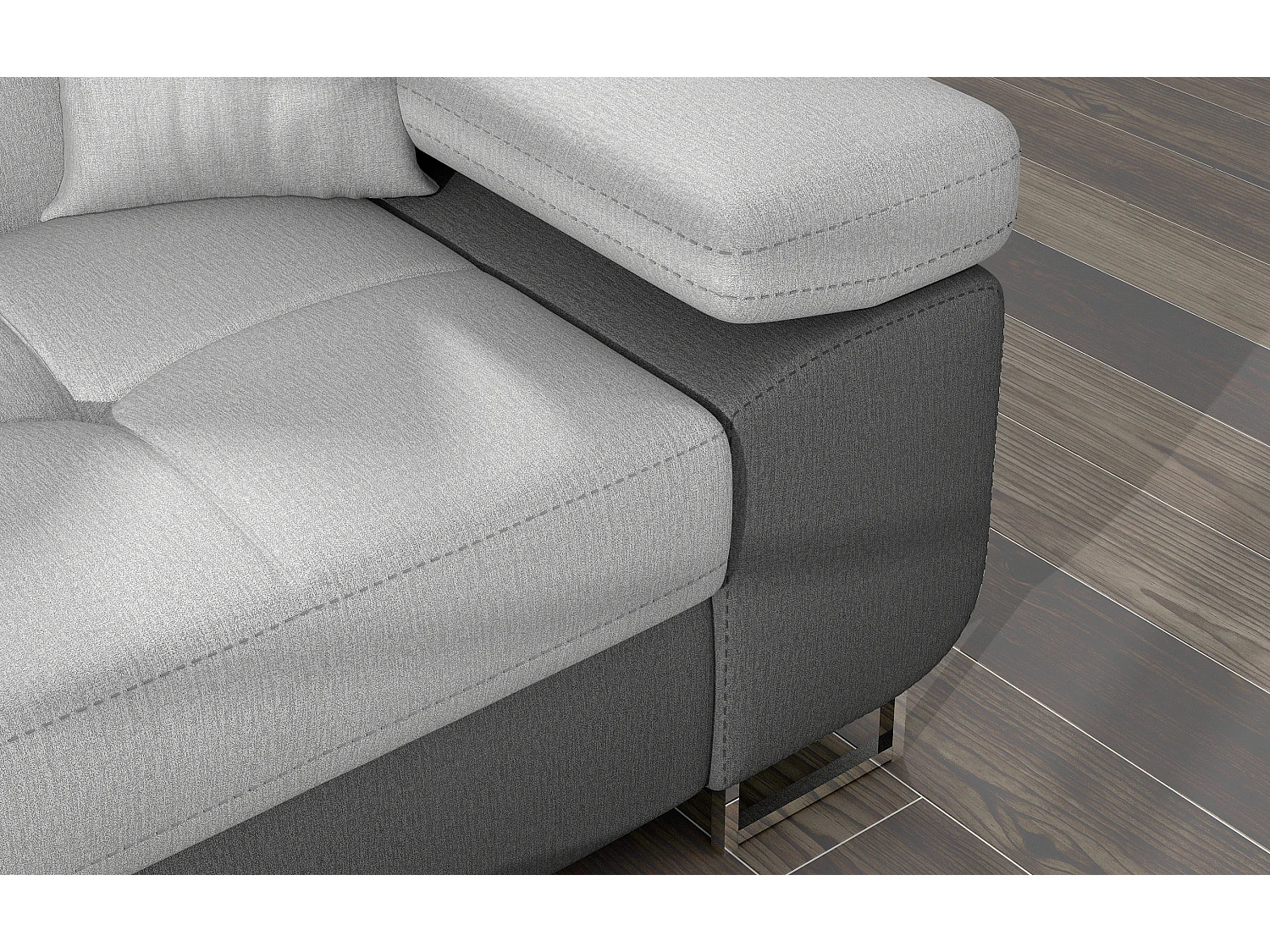 Canapé d'angle convertible velours appuis-tête réglables KALIZO - Coffre et pieds acier chromé-Gris foncé/Gris-angle gauche