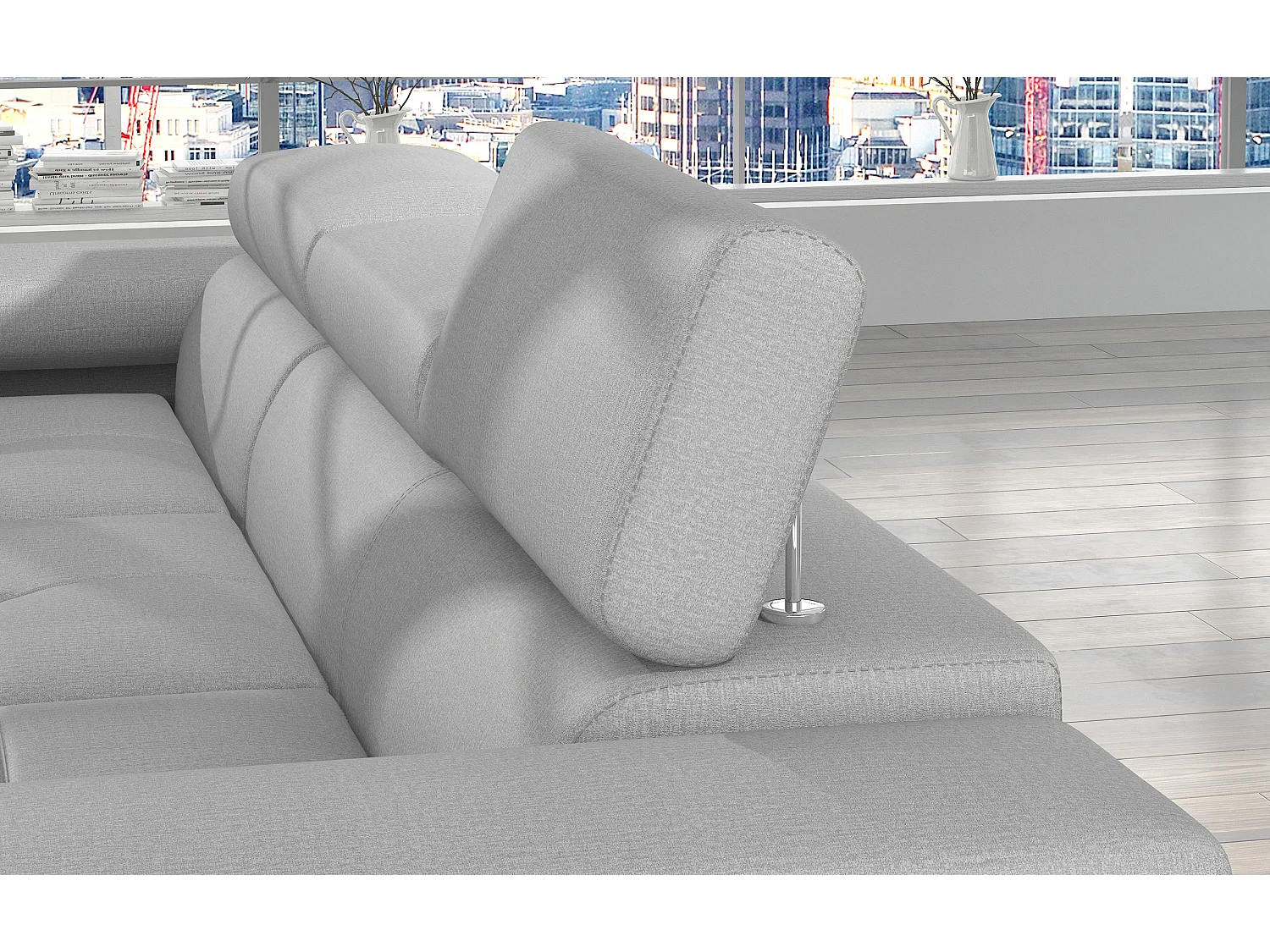 Canapé d'angle convertible velours appuis-tête réglables KALIZO - Coffre et pieds acier chromé-Gris foncé/Gris-angle gauche