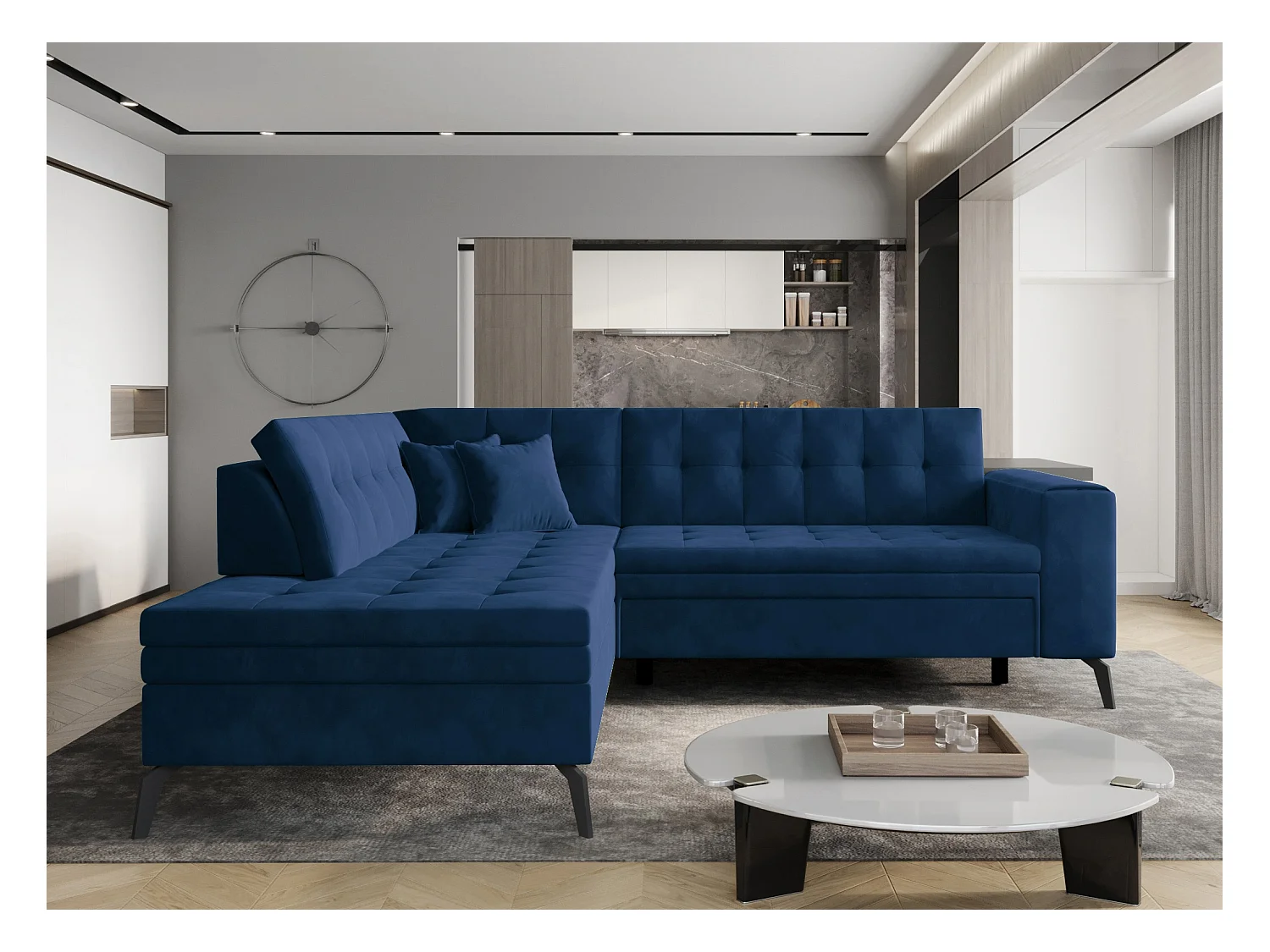 Canapé convertible capitonné angle gauche tissu bleu nuit Larry 260cm