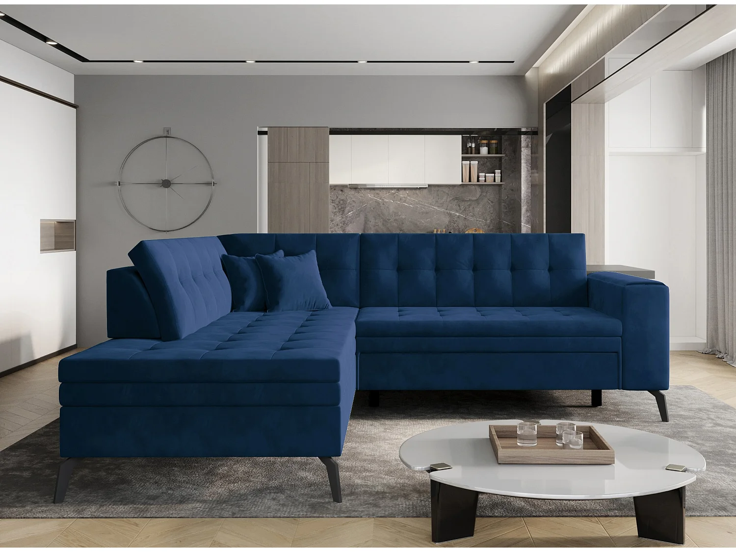 Canapé convertible capitonné angle gauche tissu bleu nuit Larry 260cm