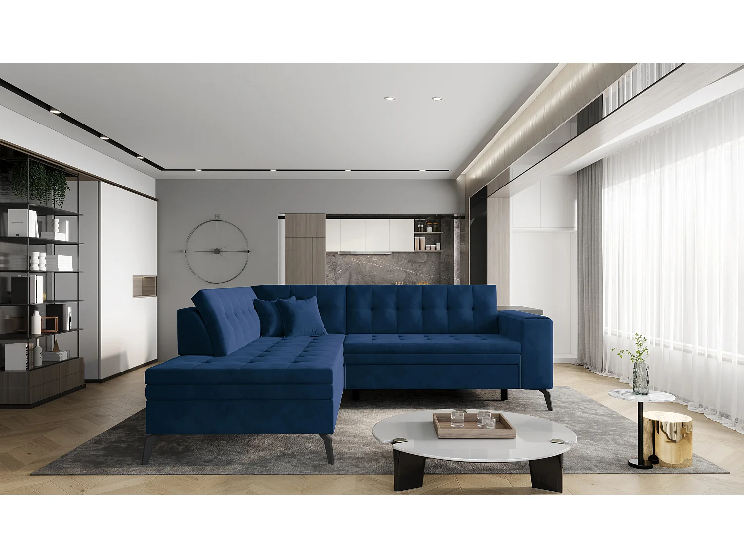 Canapé convertible capitonné angle gauche tissu bleu nuit Larry 260cm