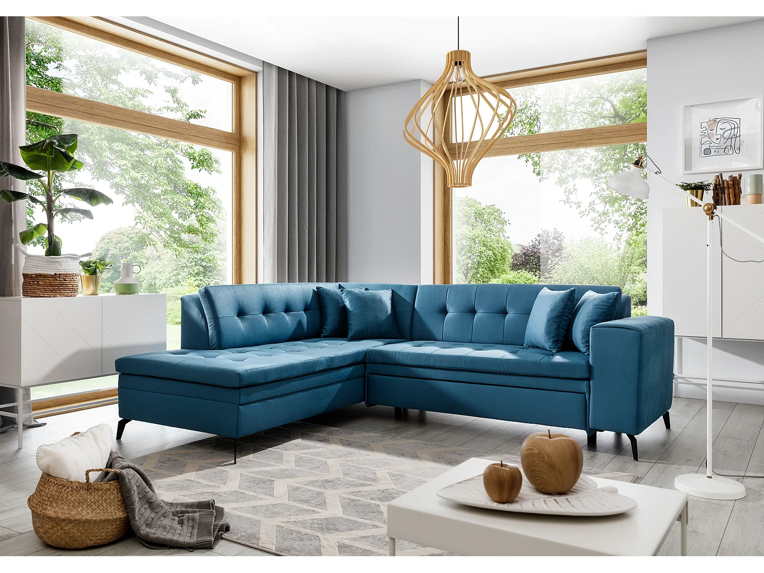 Canapé convertible capitonné angle gauche tissu bleu nuit Larry 260cm