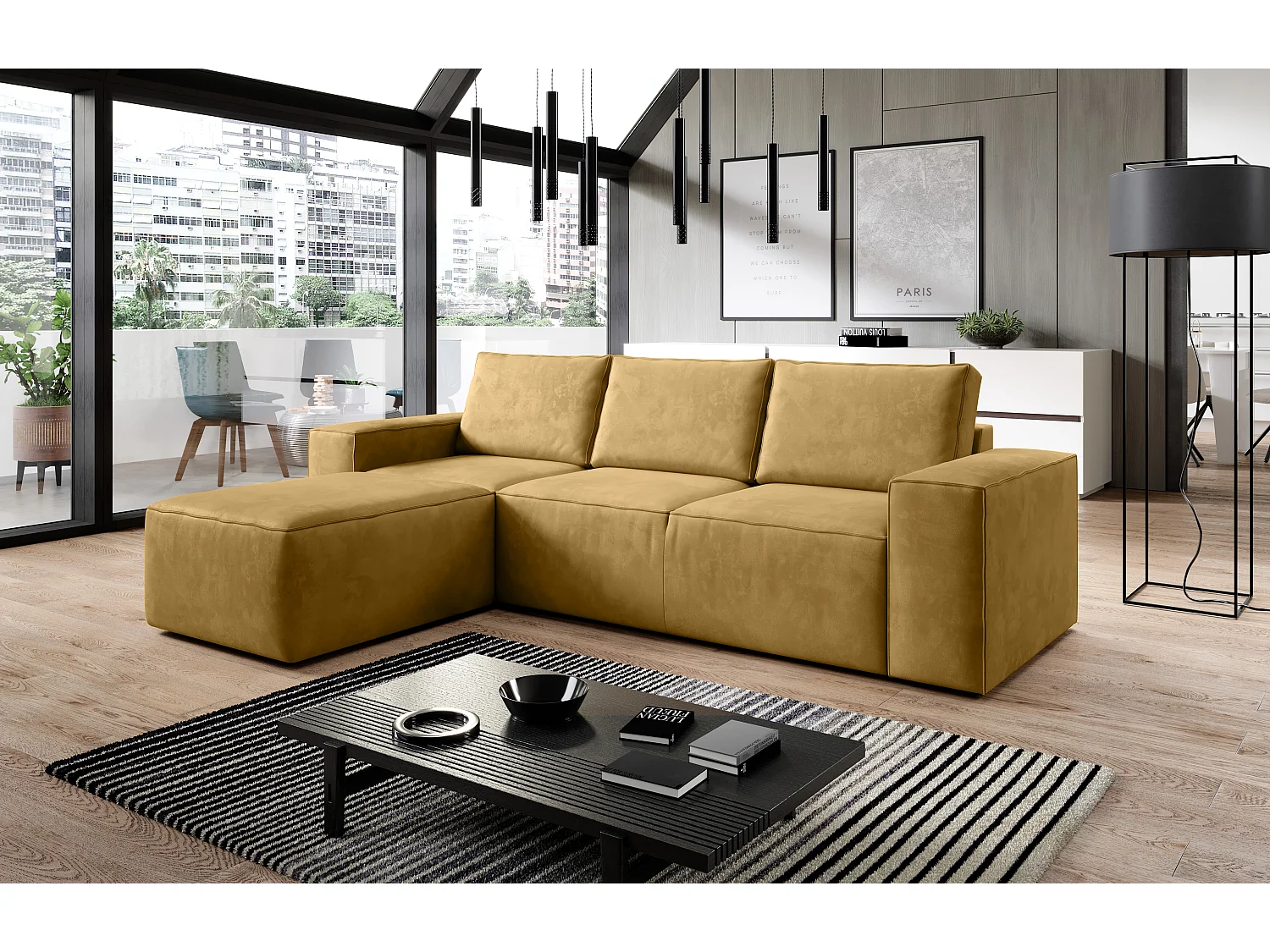 Moderne mosterdgeel fluwelen converteerbare hoekbank links Willace 302 cm