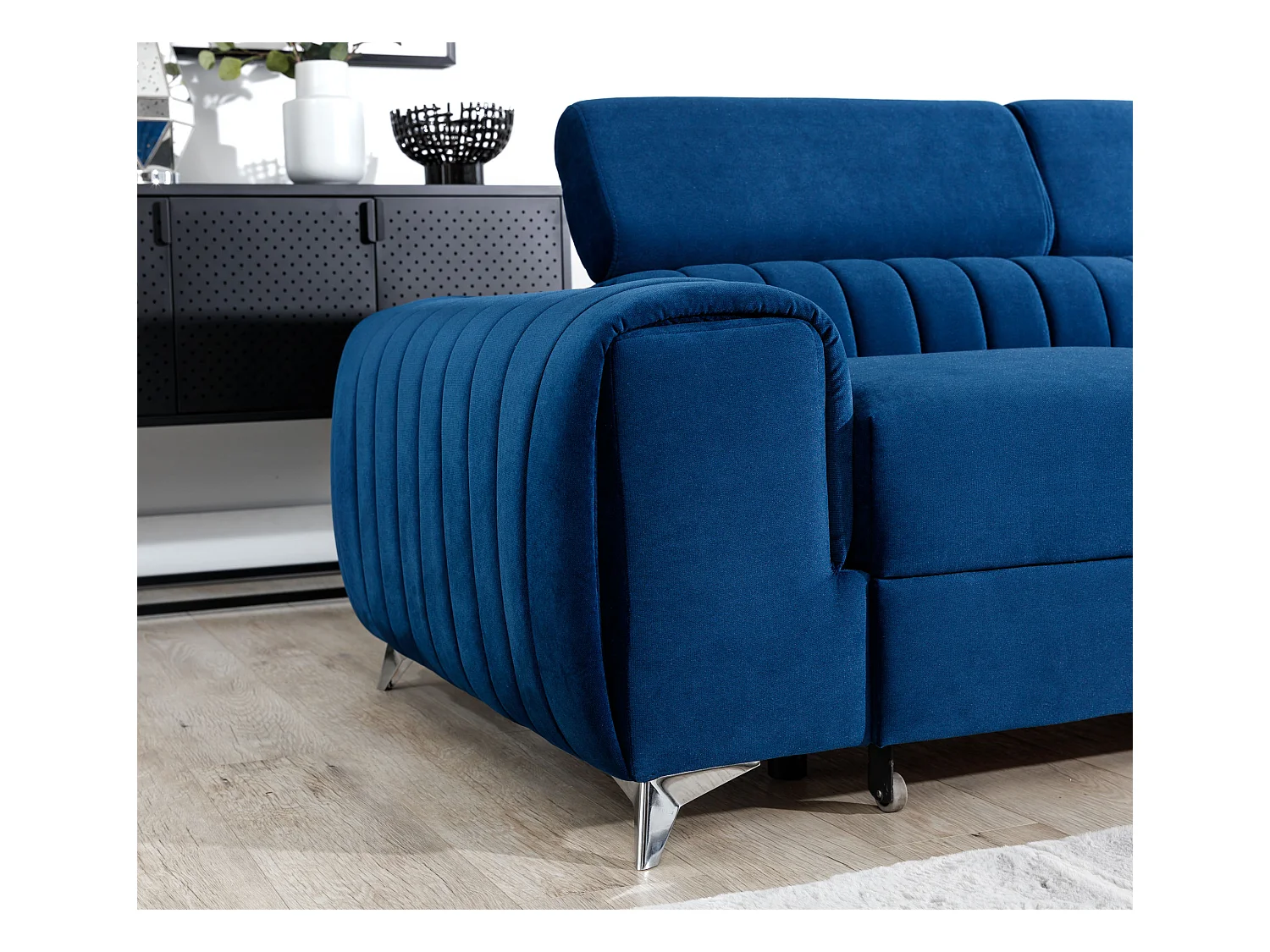 Canapé angle gauche convertible avec appuis-tête réglables tissu gris clair chiné Lozan 275cm