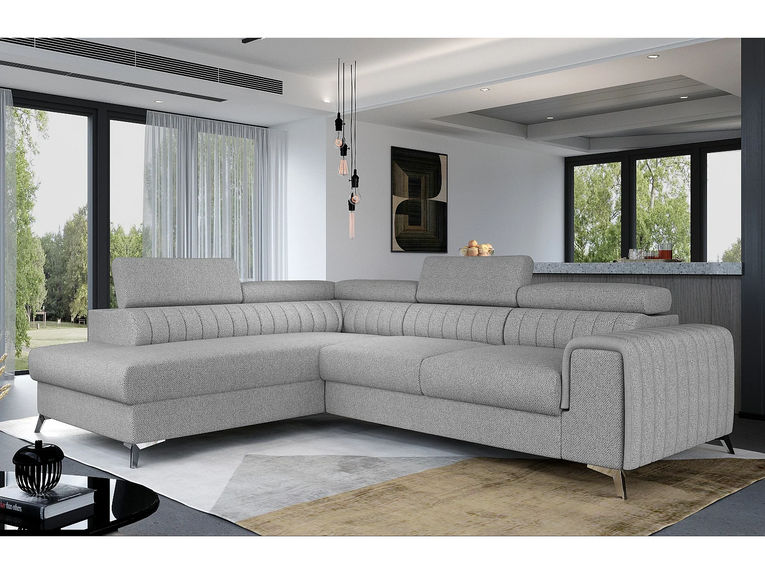 Canapé angle gauche convertible avec appuis-tête réglables tissu gris clair chiné Lozan 275cm