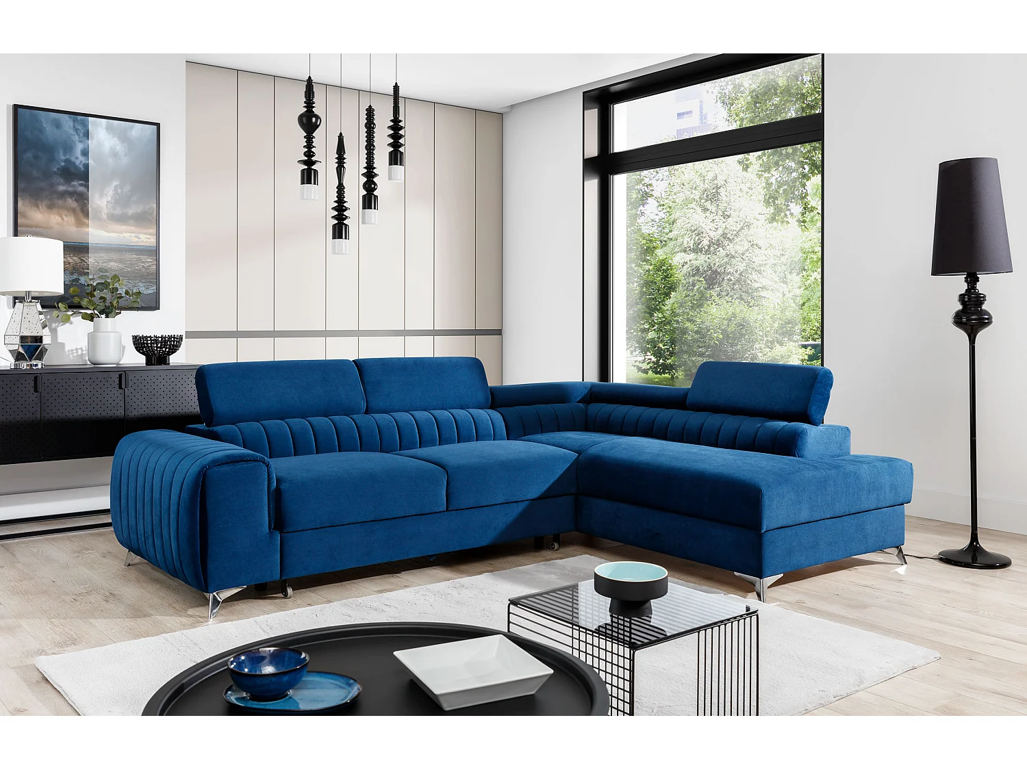 Canapé angle gauche convertible avec appuis-tête réglables tissu gris clair chiné Lozan 275cm