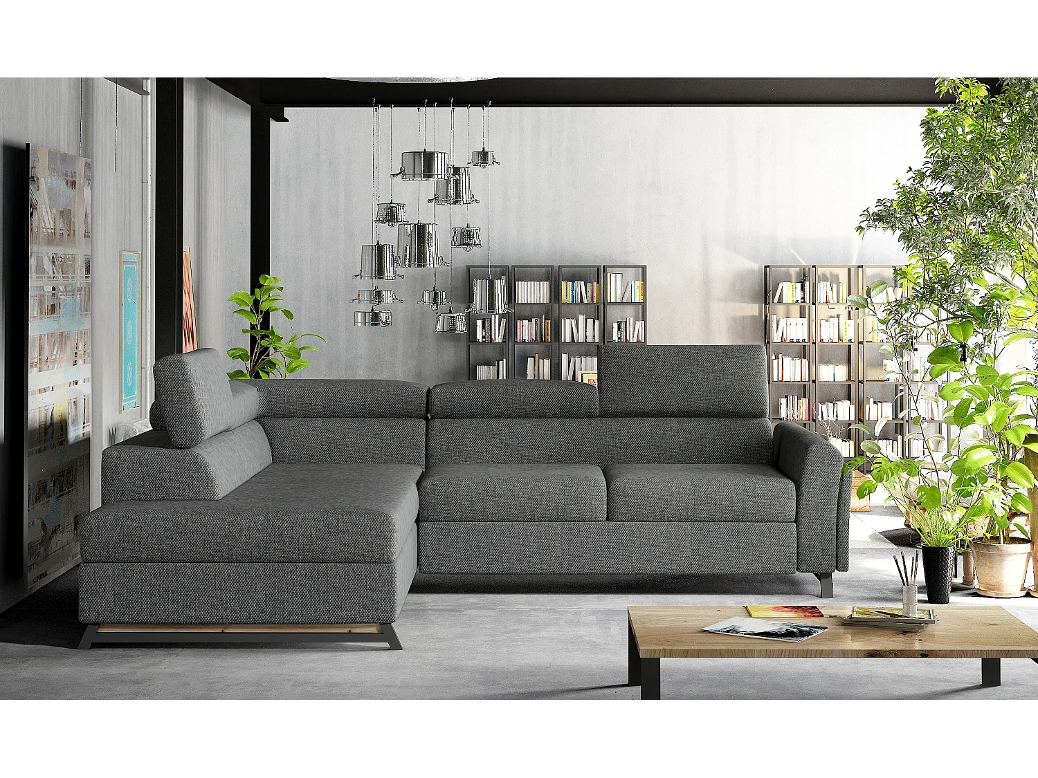 Canapé angle gauche convertible tissu vert d'eau avec têtières réglables Nikos 265cm