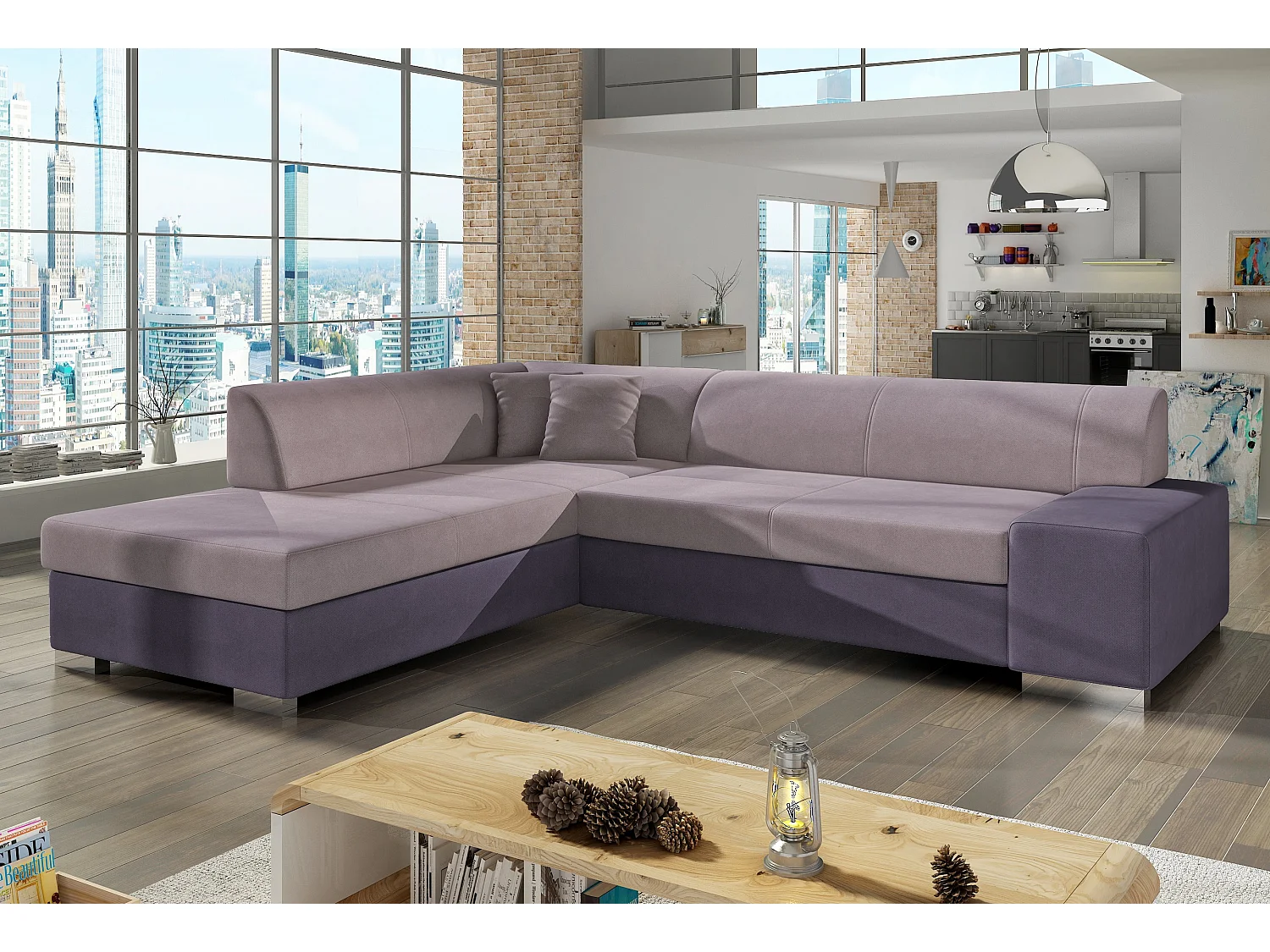 Moderne slaapbank linkerhoek zachtroze en paarse stof Plazo 278 cm