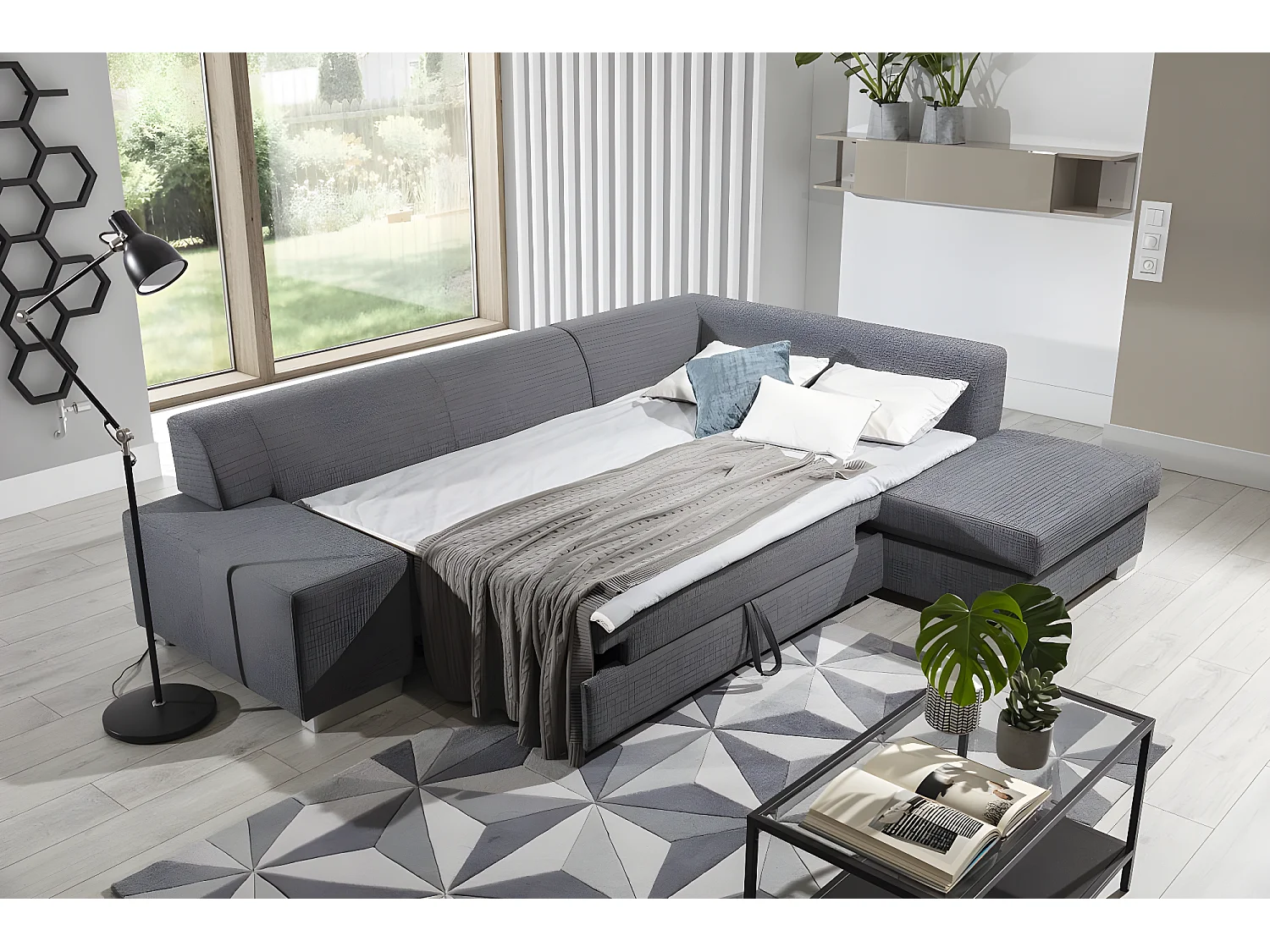 Moderne slaapbank linkerhoek zachtroze en paarse stof Plazo 278 cm