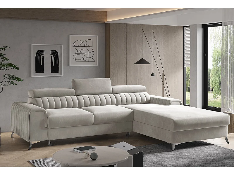 Canapé convertible angle droit velours beige clair Grenky 276cm