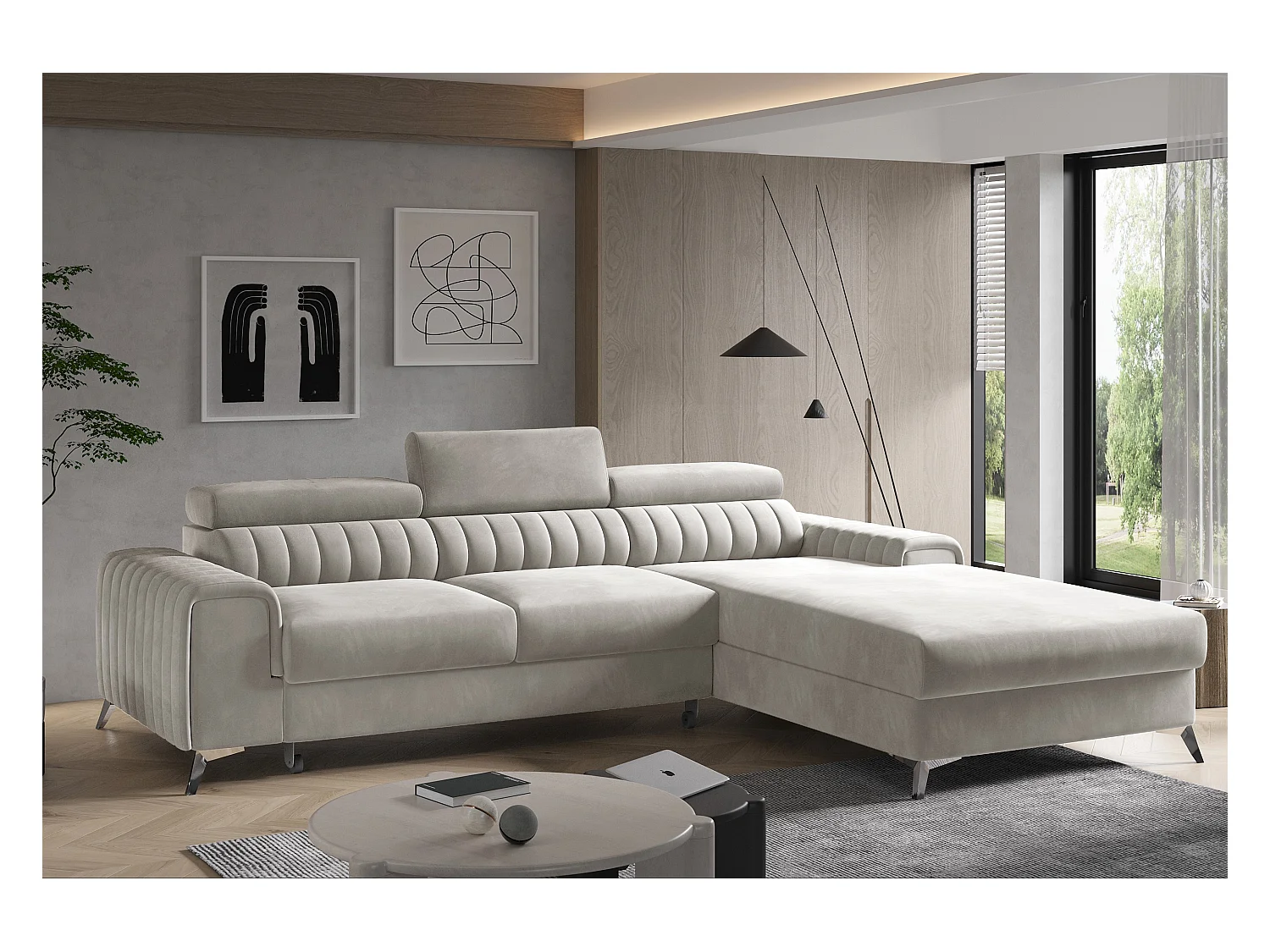 Canapé convertible angle droit velours beige clair Grenky 276cm