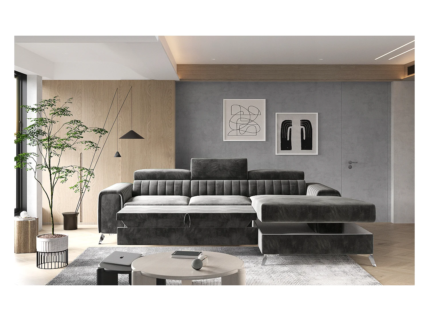 Canapé convertible angle droit velours beige clair Grenky 276cm