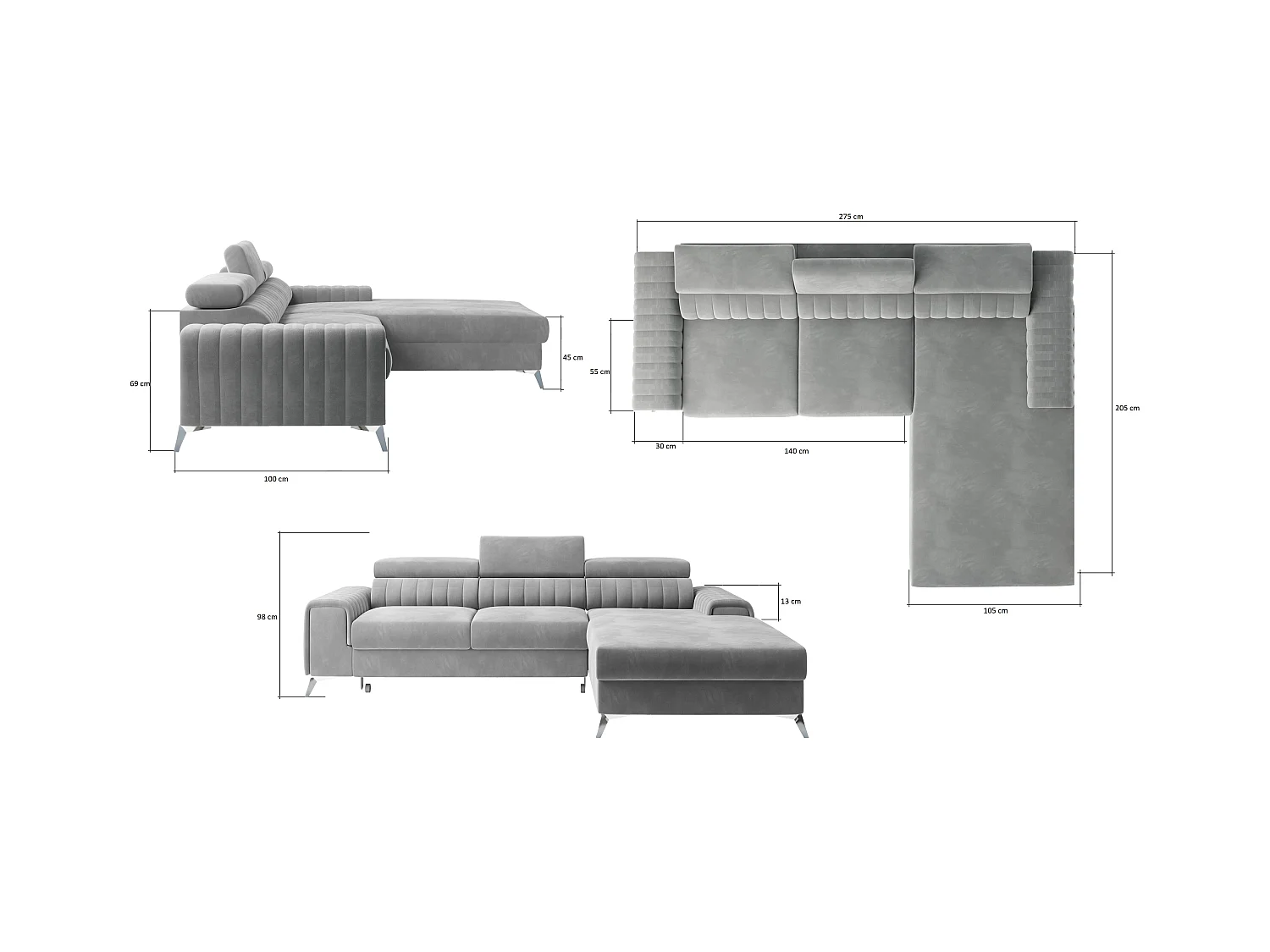 Canapé convertible angle droit velours beige clair Grenky 276cm