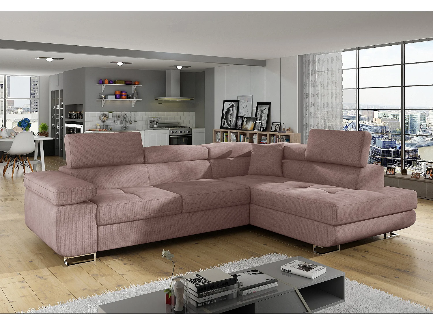 Canapé d'angle droit convertible tissu rose clair Marka 275cm