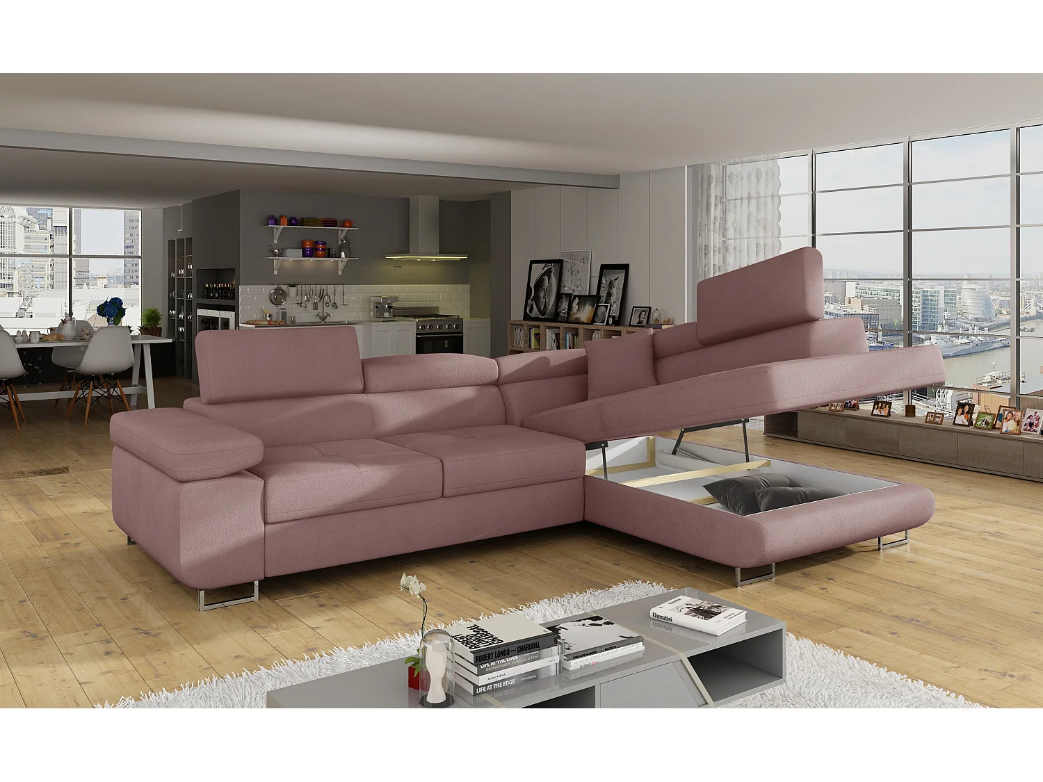 Sofá esquinero convertible en terciopelo con reposacabezas elevables - Colección Marka-Rosa claro-Ángulos rectos